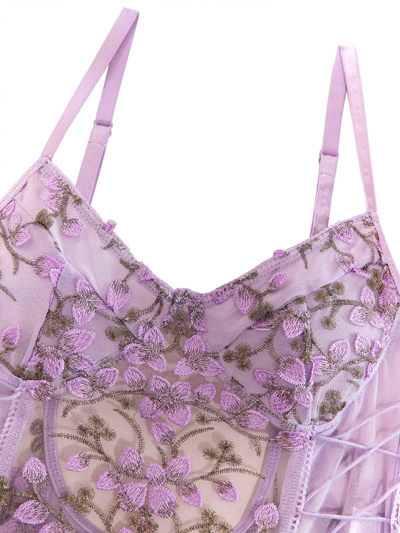Lilosy Women Sexy Lace Up Floral Embroidered Teddy Babydoll Lingerie Bodysuit Top Mesh Sheer One Piece See Through Lavender Light Purple Medium