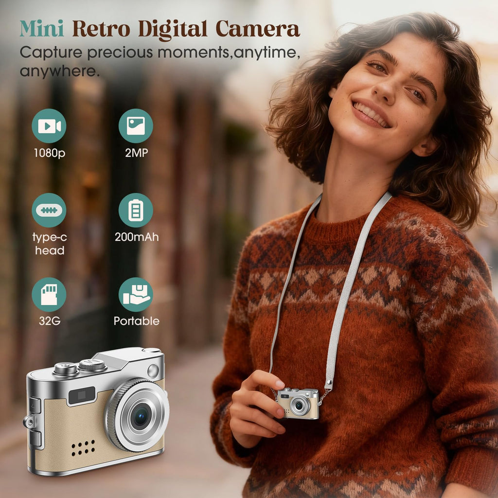 HOTU Mini Digital Camera, Keychain Camera 1080P HD with 2MP Lens, Flash, Video Recording, 32G Card Included, Portable and Compact Retro Vlog Camera for Travel, Kids, Beige