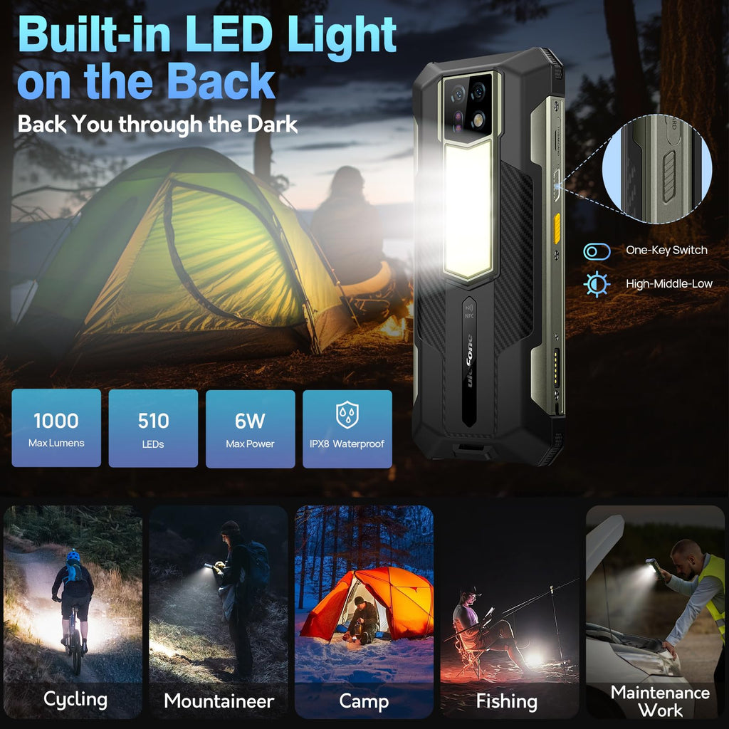 Ulefone Armor 24 22000mAh Mega Battery Unlocked Rugged Phone, Camping Light, 24GB RAM +256GB ROM, 6.78" FHD+120Hz Screen, 64MP Main Camera + 64MP Night Vision Camera, Android 14 Rugged Smartphone NFC