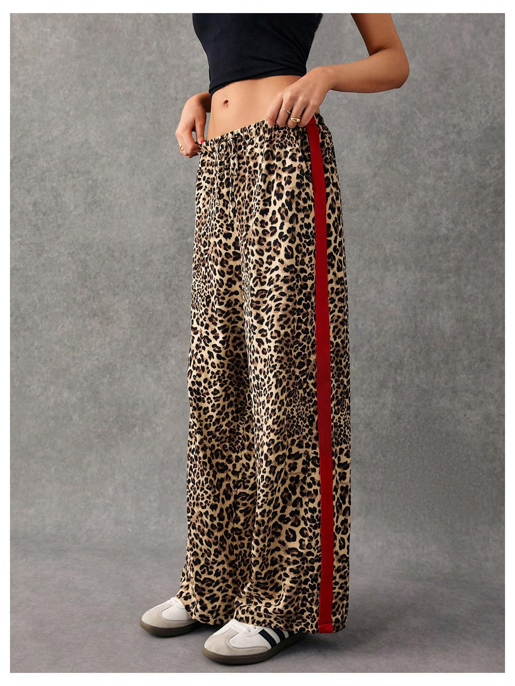 WDIRARA Women's Leopard Print Side Striped Wide Leg Sweatpants High Waisted Drawstring Baggy Pants Brown Medium