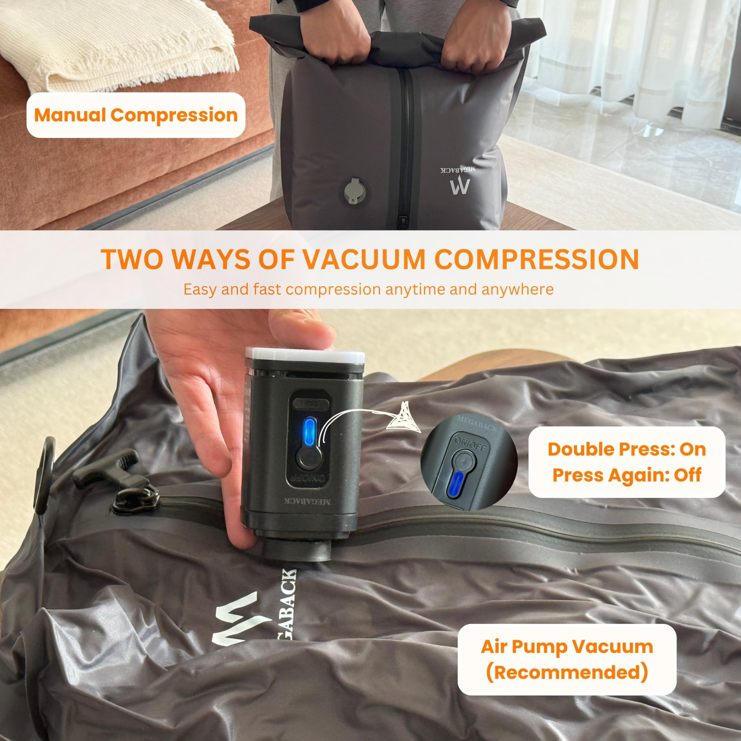 Megaback Vacuum Bags for Travel, IP67 Reusable Vacuum Seal Bags for Clothing with Electric Pump, Vacuum Seal Packing cube for Suitcases, Backpack & Travel (2PC+Pump)