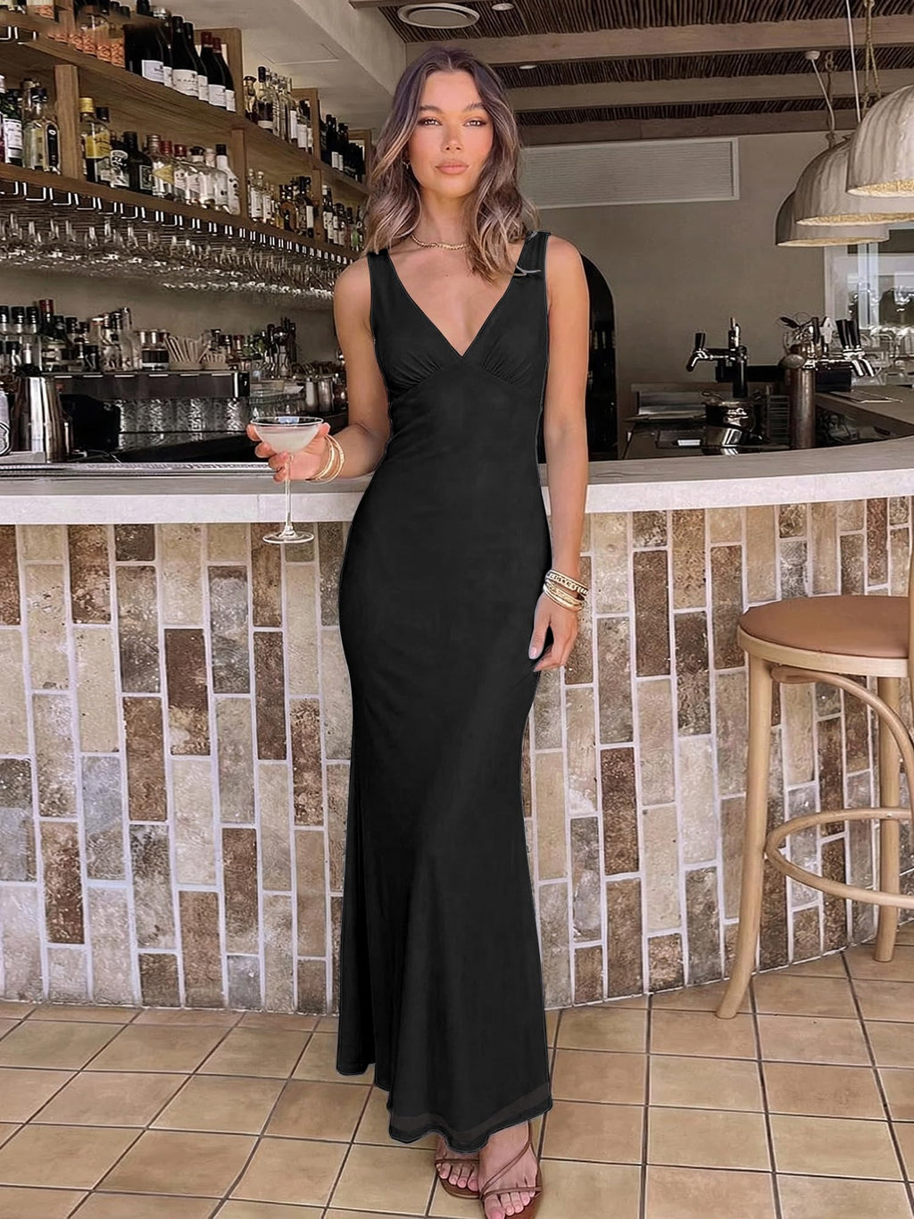 BORIFLORS Women's Sexy V Neck Bodycon Maxi Cocktail Dress Mesh Sleeveless Beach Wedding Guest Long Formal Dresses, Small, Black