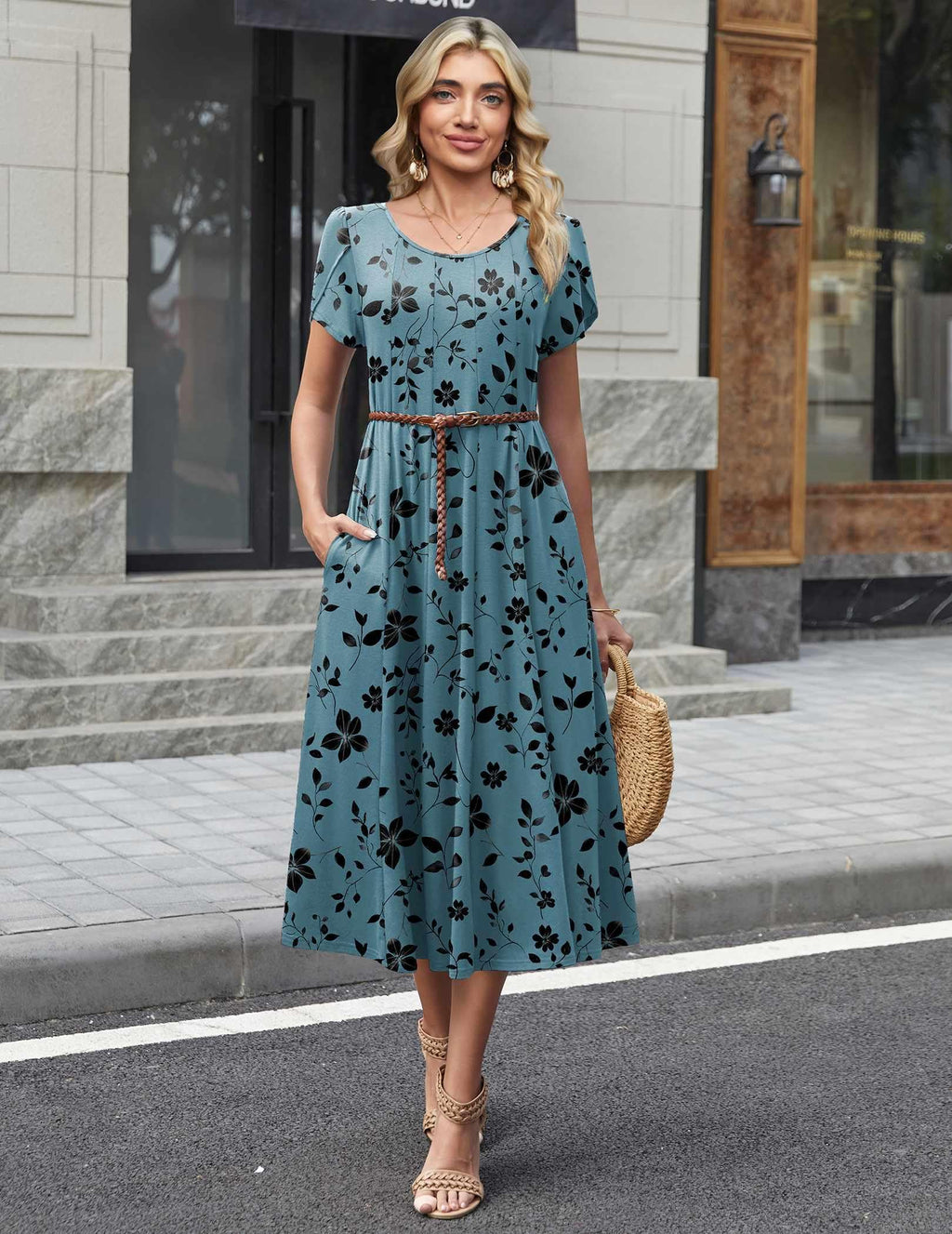 HOTOUCH Casual Dresses for Women Short Sleeve Flare Midi Dress Womenss Summer Floral Dress A Line Dresses 2026 Sundress, Blue Green Floral,L