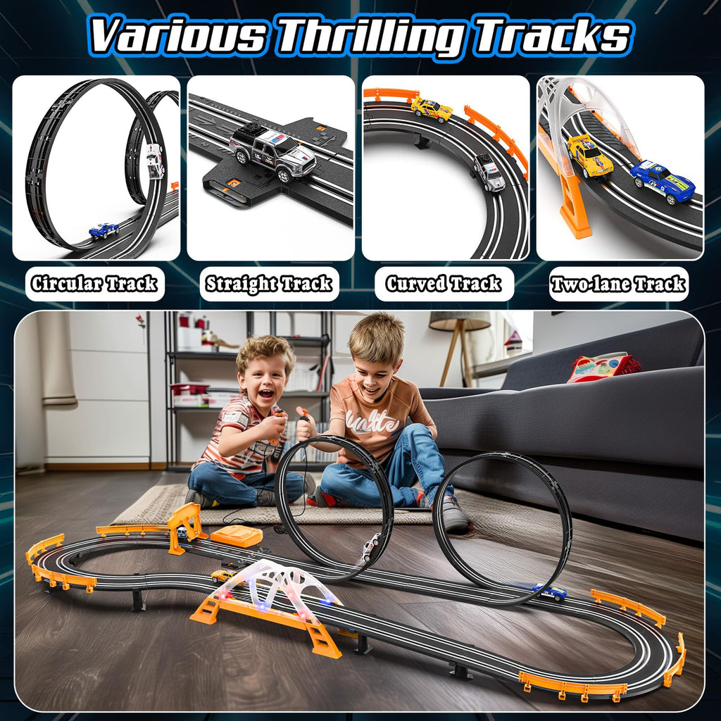 Slot Car Race Track Sets for Boys,Race Car Track with 4 High-Speed Slot Cars,Battery or Electric Car Track,Dual Racing Game Lap Counter Track Sets,Toys Gifts for Boys Girls Ages 4 5 6 7 8-12