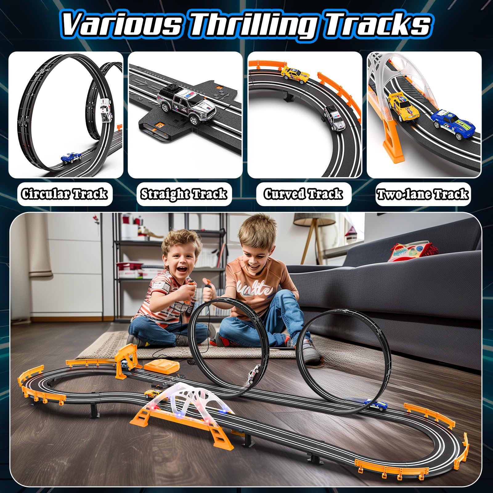 Slot Car Race Track Sets for Boys,Race Car Track with 4 High-Speed Slot Cars,Battery or Electric Car Track,Dual Racing Game Lap Counter Track Sets,Toys Gifts for Boys Girls Ages 4 5 6 7 8-12