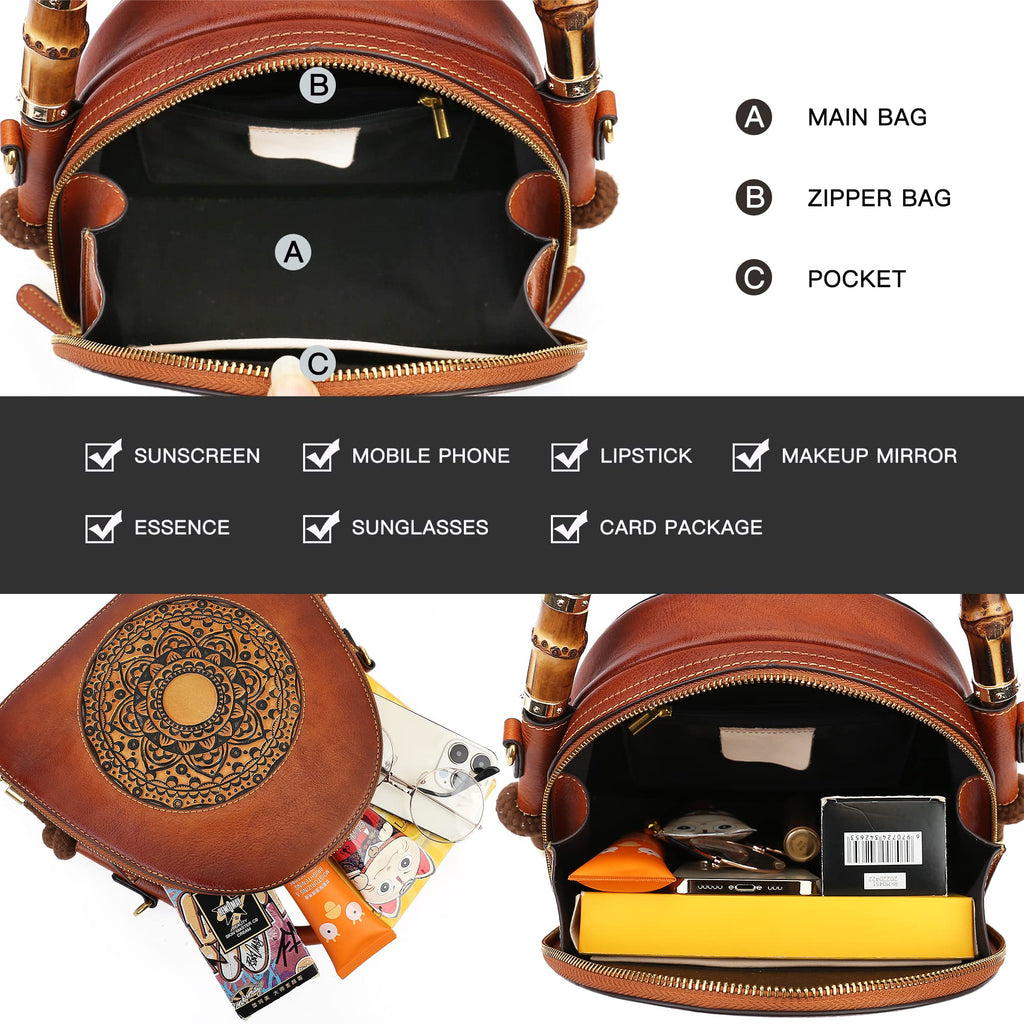 Zhuoliang Genuine Leather Pocketbooks for Women, Retro Organizer Top Handle Satchel Totem Leather Handbag Ladies
