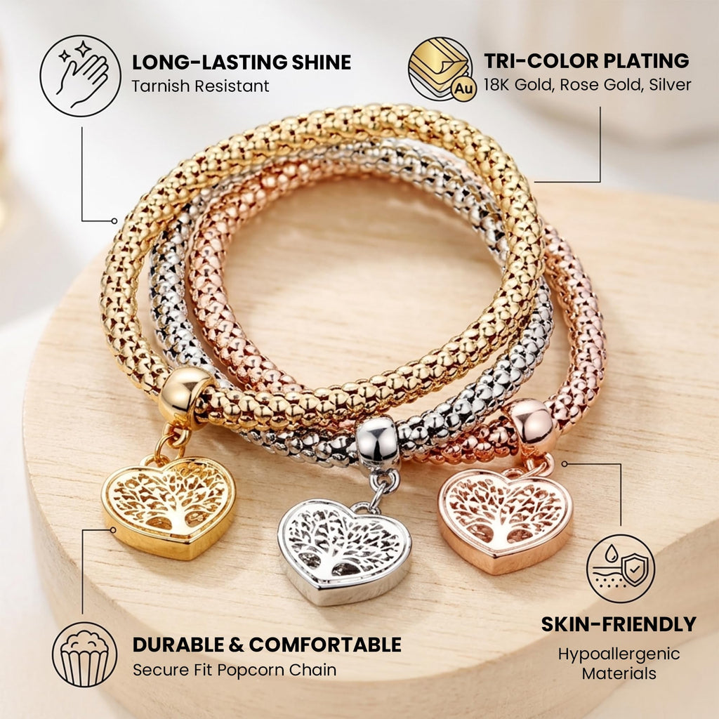 Aphrodite's Tree of Life Heart Edition Charm Bracelet with Austrian Crystals – Gold, Silver & Rose Gold Plated Popcorn Chain Bracelet Set for Women