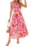 Simplee Womens Summer Floral Maxi Dress Elegant Boho Casual Beach Vacation Dresses Tiered Easter Smocked Long Sundress (Red Floral L)