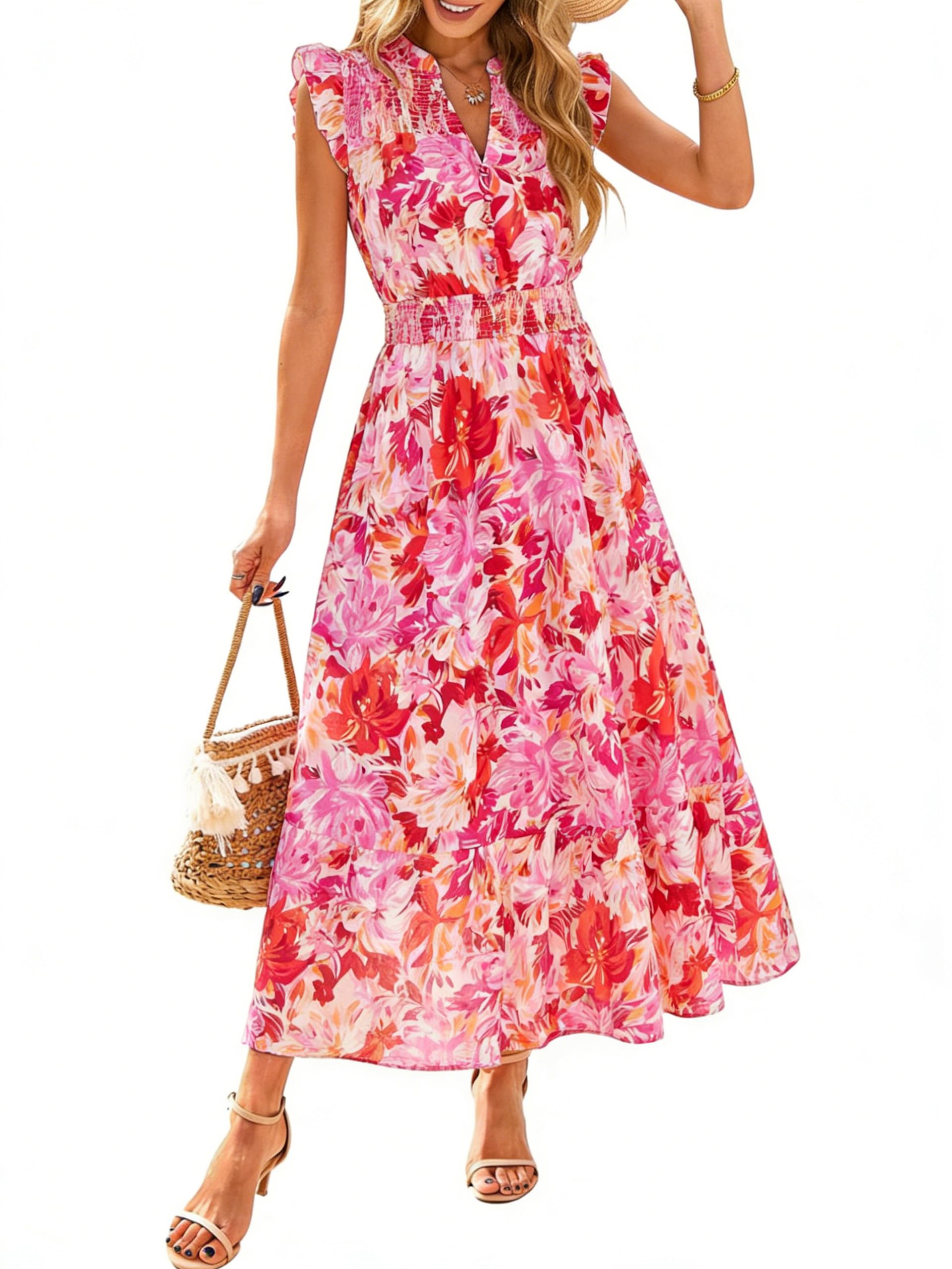 Simplee Womens Summer Floral Maxi Dress Elegant Boho Casual Beach Vacation Dresses Tiered Easter Smocked Long Sundress (Red Floral L)