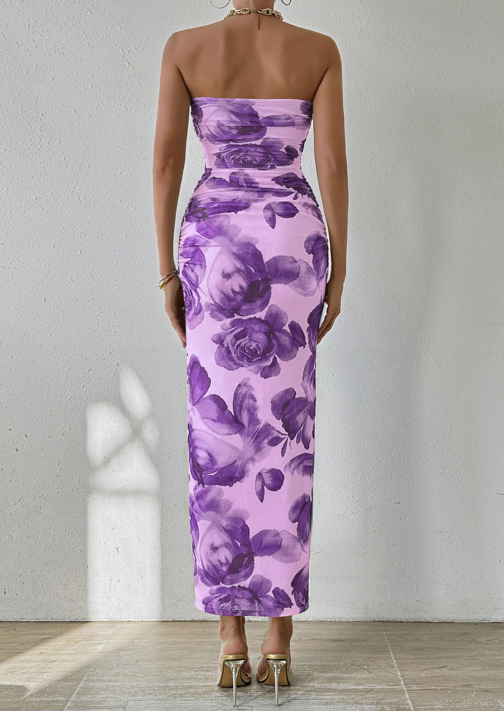 PRETTYGARDEN Women's Summer Wedding Guest Dress Strapless Tube Top Maxi Bodycon Long Floral Mesh Beach Vacation Party Dresses (Purple Flower,Medium)