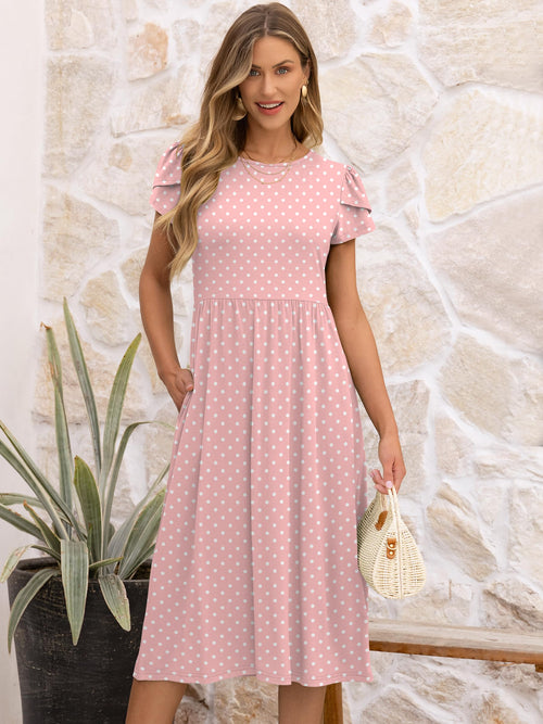 ANRABESS Women's Summer Short Sleeve A-Line Midi Dresses Casual Floral T-Shirt Dresses Flowy Beach Sundress with Pockets Pink Round Dot Large