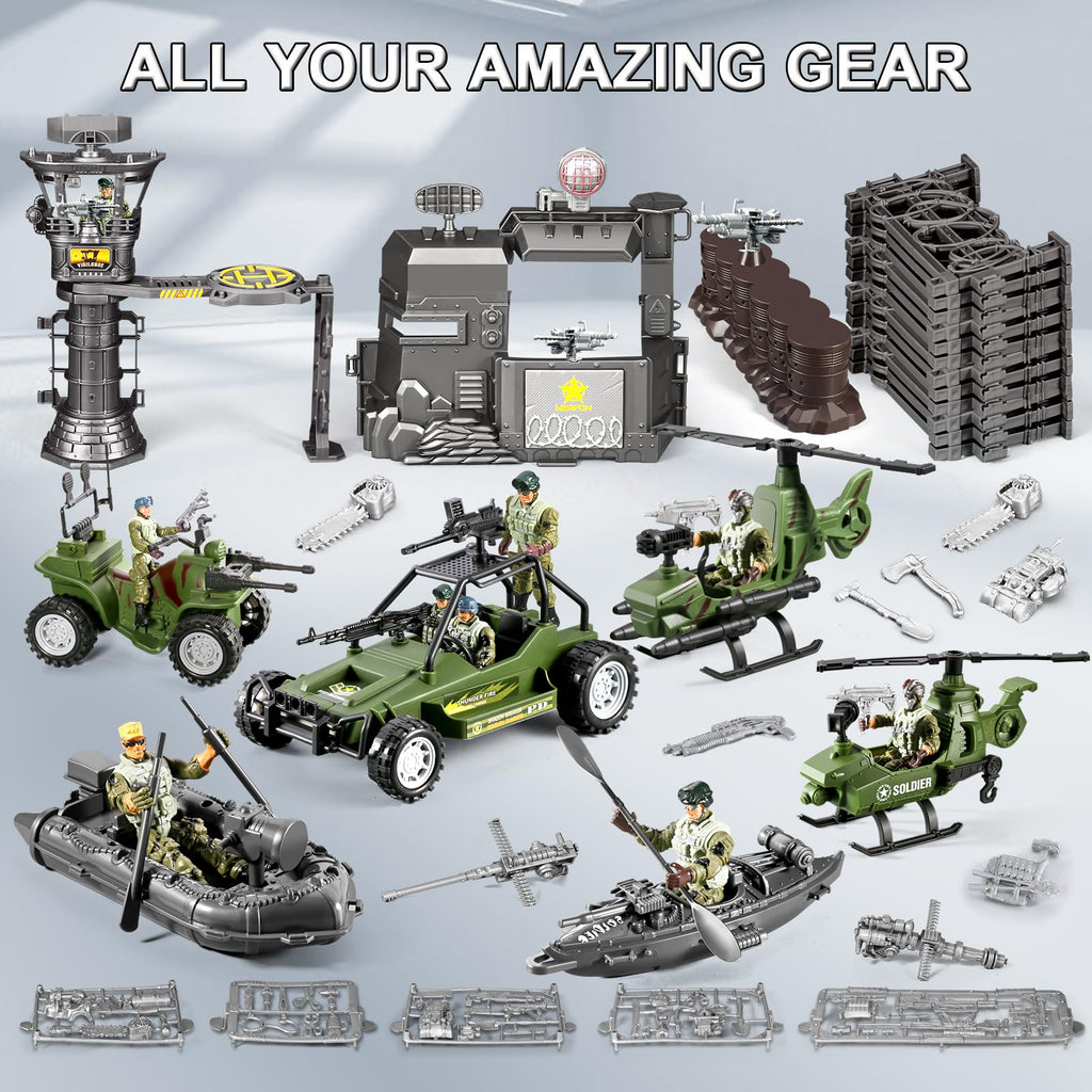 JASSKKBO 87-in-1 Army Men Toys Sets for Boys 4-7 8-12 , Military Base/Truck/Helicopter/Kayak Boat/Motorcycle/Army Men Action Figures/Weapon Gears, Army Toys for Boys Kids Birthday Gifts Party Favors