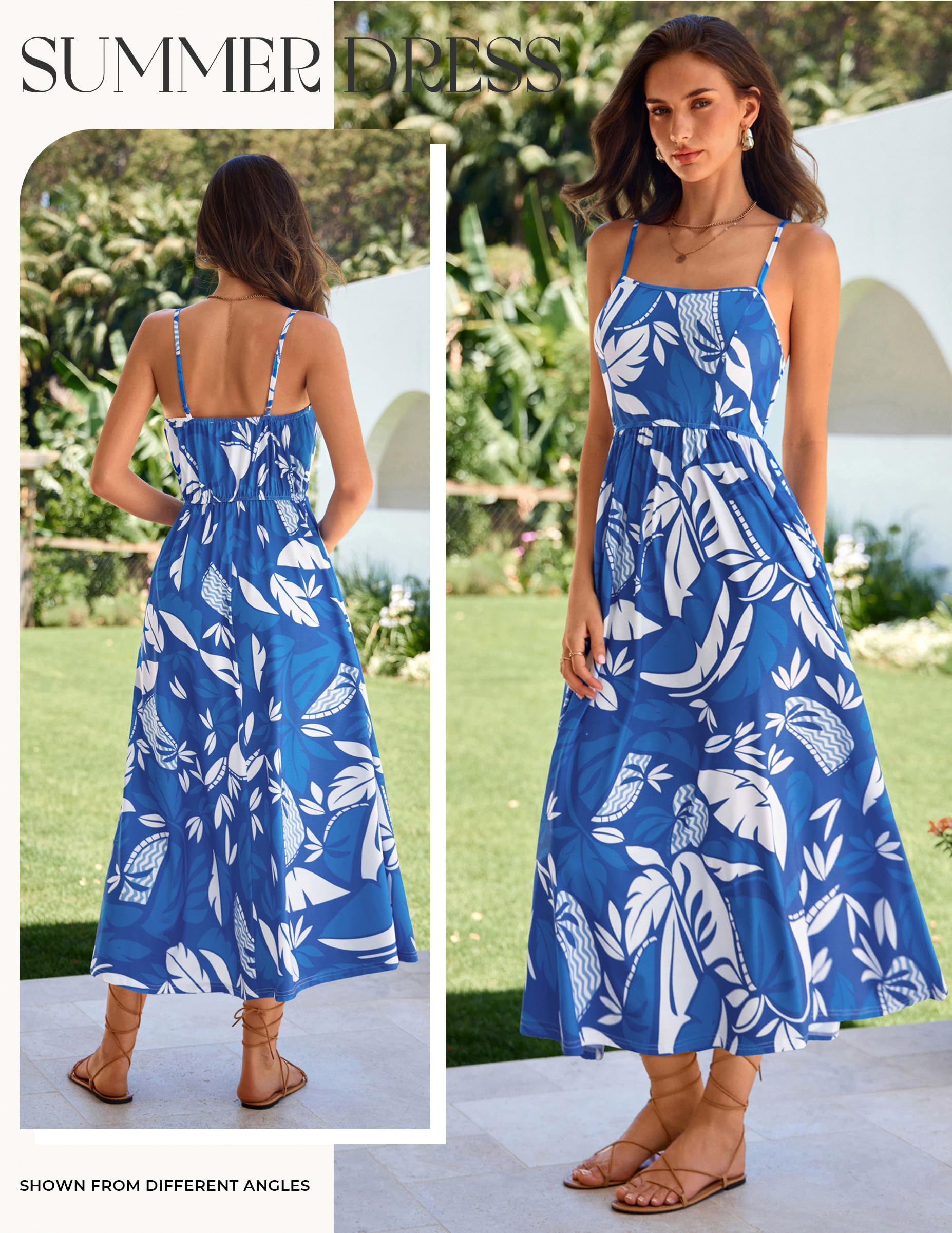 GRACE KARIN Summer Floral Maxi Sundresses for Women 2026 Spaghetti Strap Beach Boho Dress Casual Fashion Clothes with Pocket Blue White XL