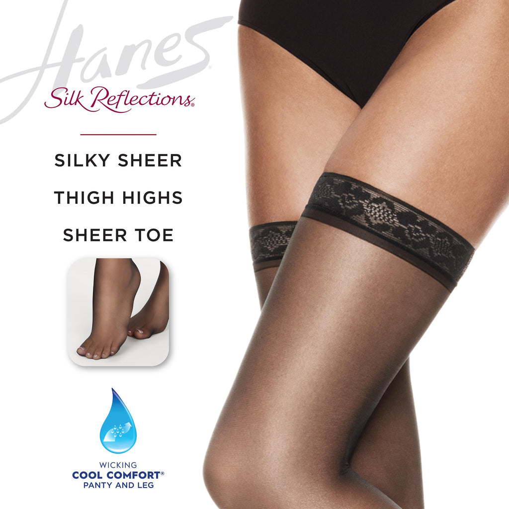Hanes Silk Reflections Sheer Toe, Silky Sheer Finish Thigh Highs, Jet, Size AB (Pack of 1)