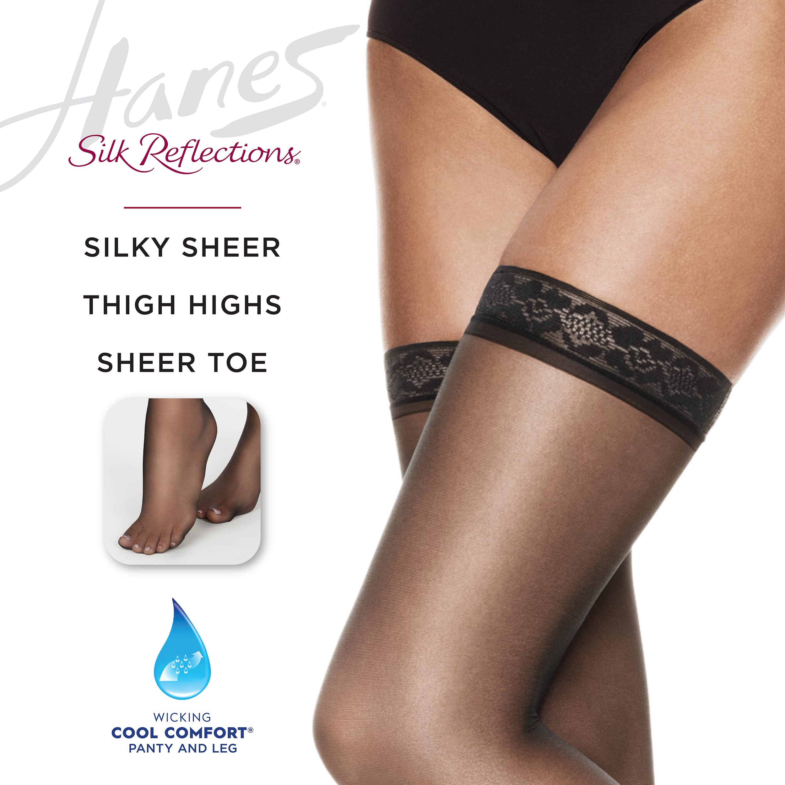 Hanes Silk Reflections Sheer Toe, Silky Sheer Finish Thigh Highs, Jet, Size AB (Pack of 1)