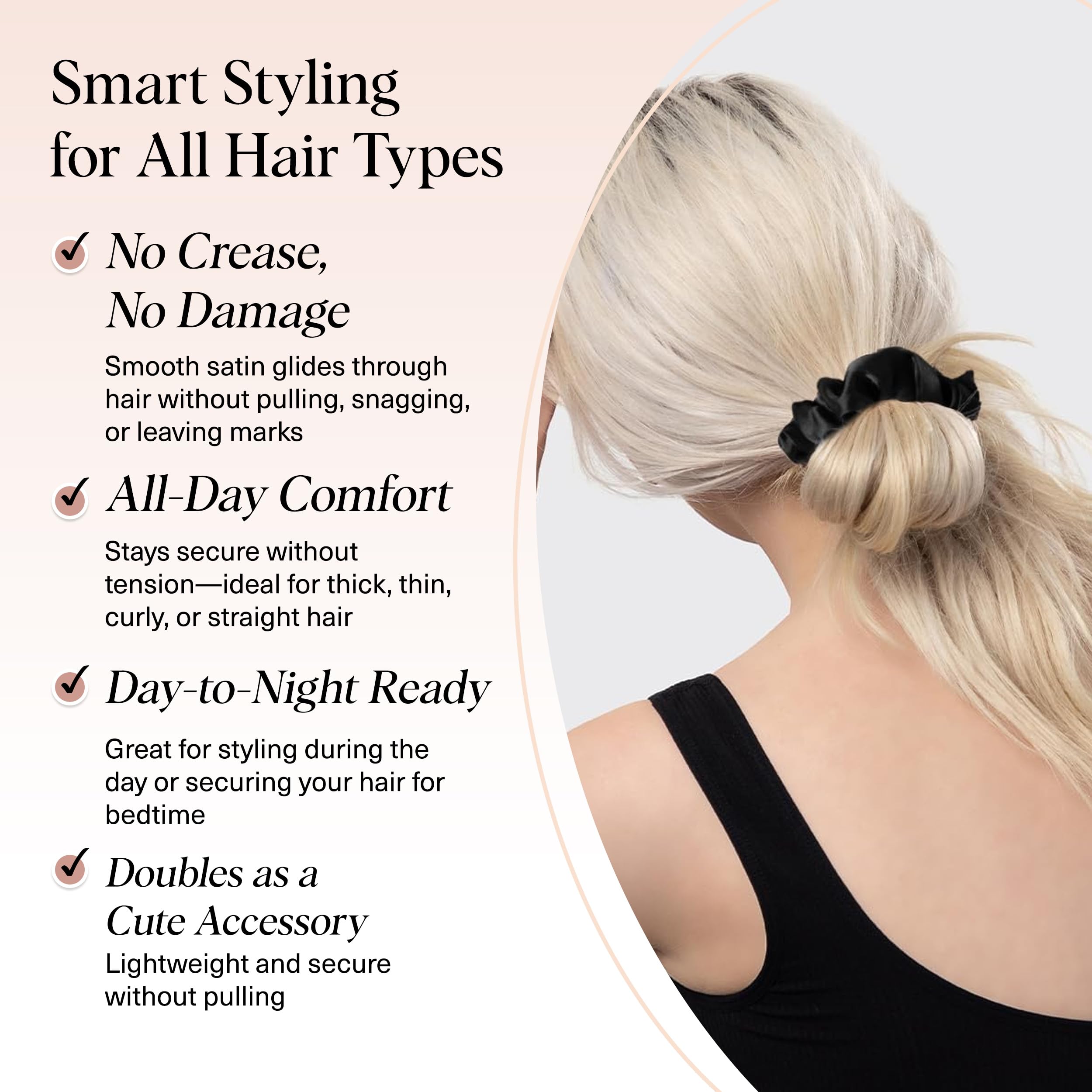Kitsch Satin Scrunchies for Women – No Crease Hair Ties – Soft Satin Hair Scrunchies for Girls – Frizz Free, Gentle, Stylish Hair Accessories | Ideal Gifts for Women – Black, 5 pcs