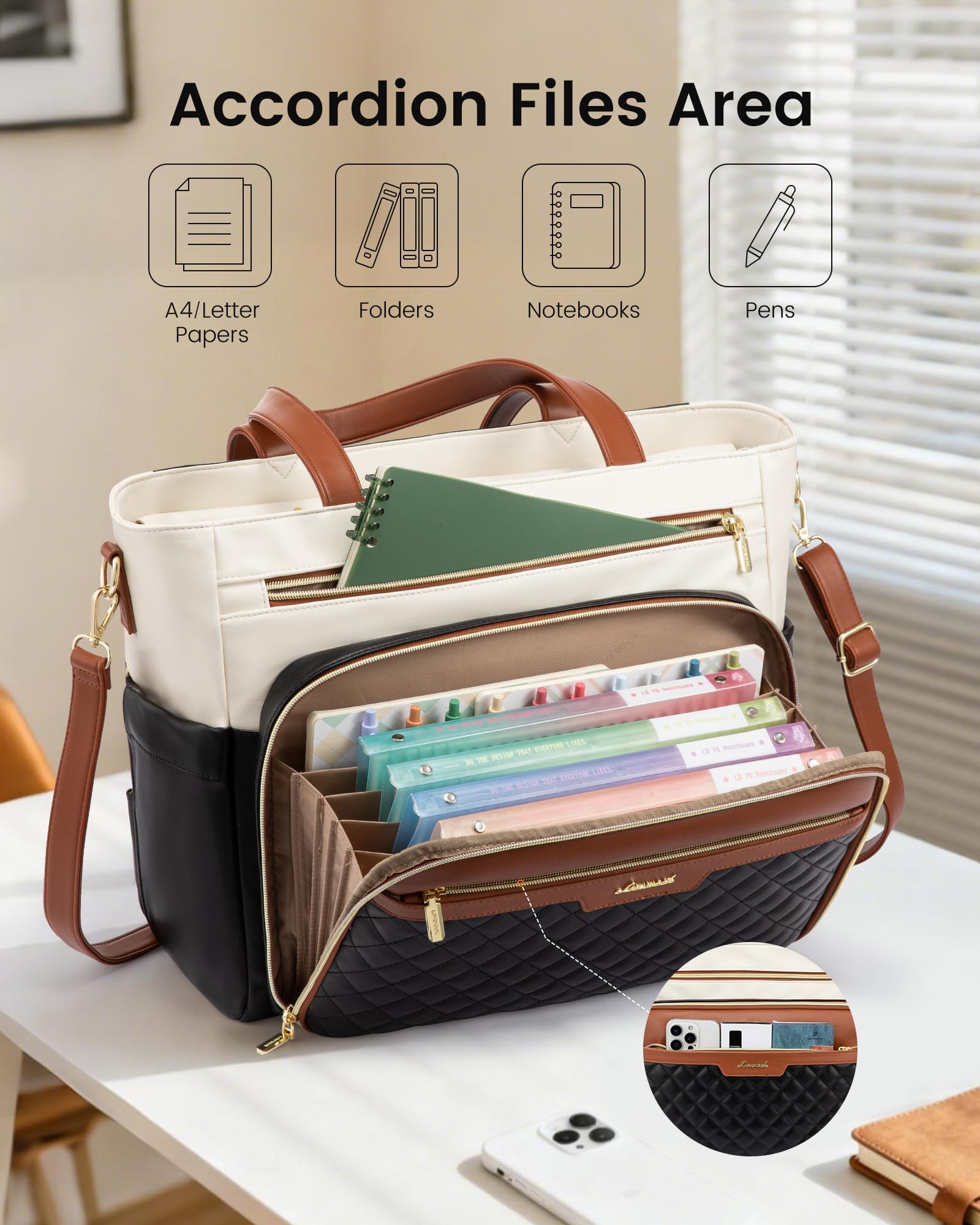 LOVEVOOK Teacher Tote Bag with Accordion File Pocket, Soft PU Leather Work Briefcase Quilted Laptop Bag with Large Cup Holder