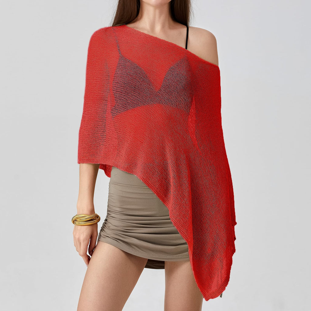 Women Sheer Poncho Top Lightweight Knit Crochet Shrug Bolero Mesh Batwing Sleeve Sweater Cover Up Beachwear