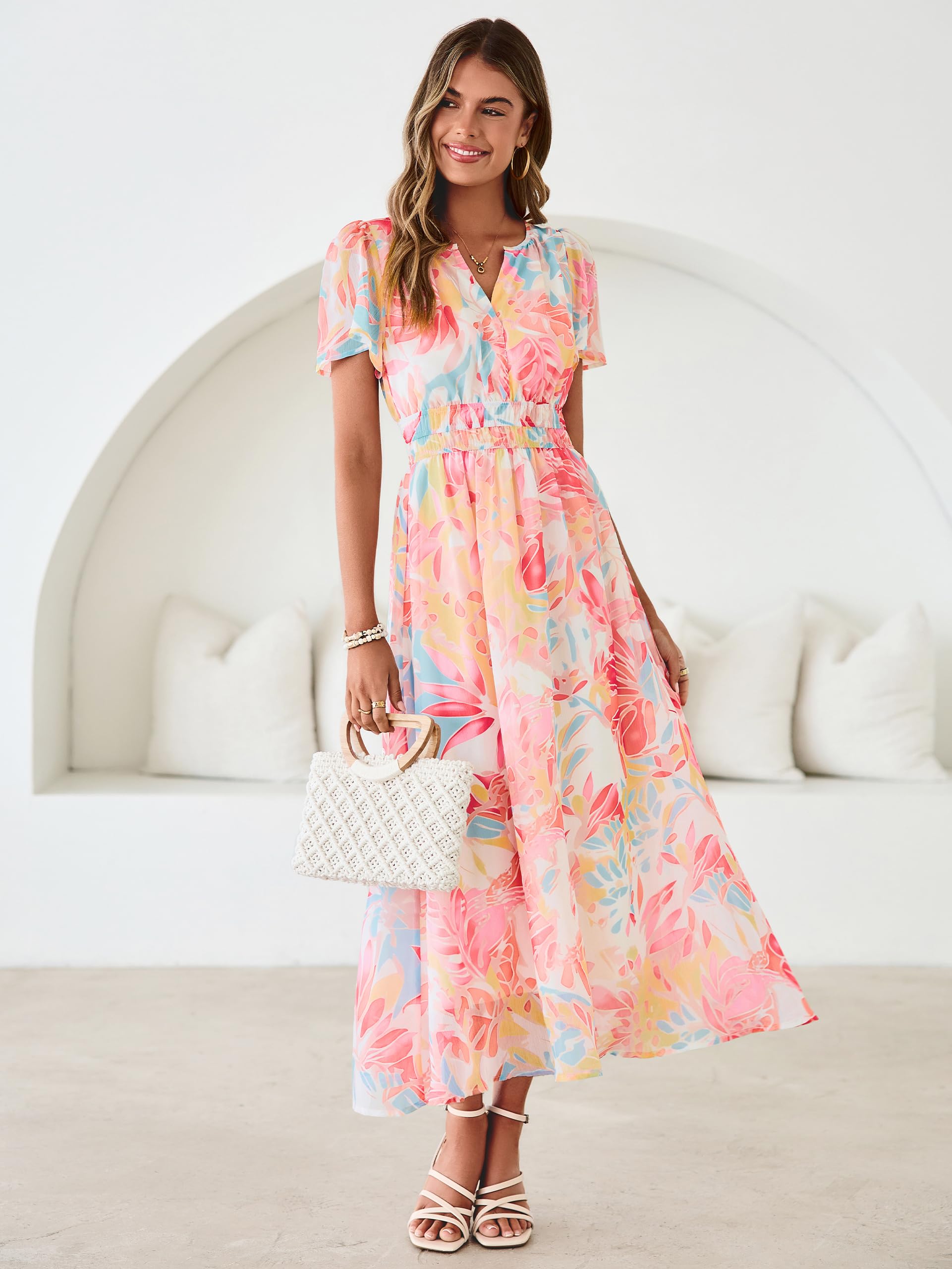 Simplee Women Floral Summer Maxi Dress Boho Flowy Casual Chiffon Short Sleeves V Neck Long Wedding Guest Dresses Red Yellow Floral M