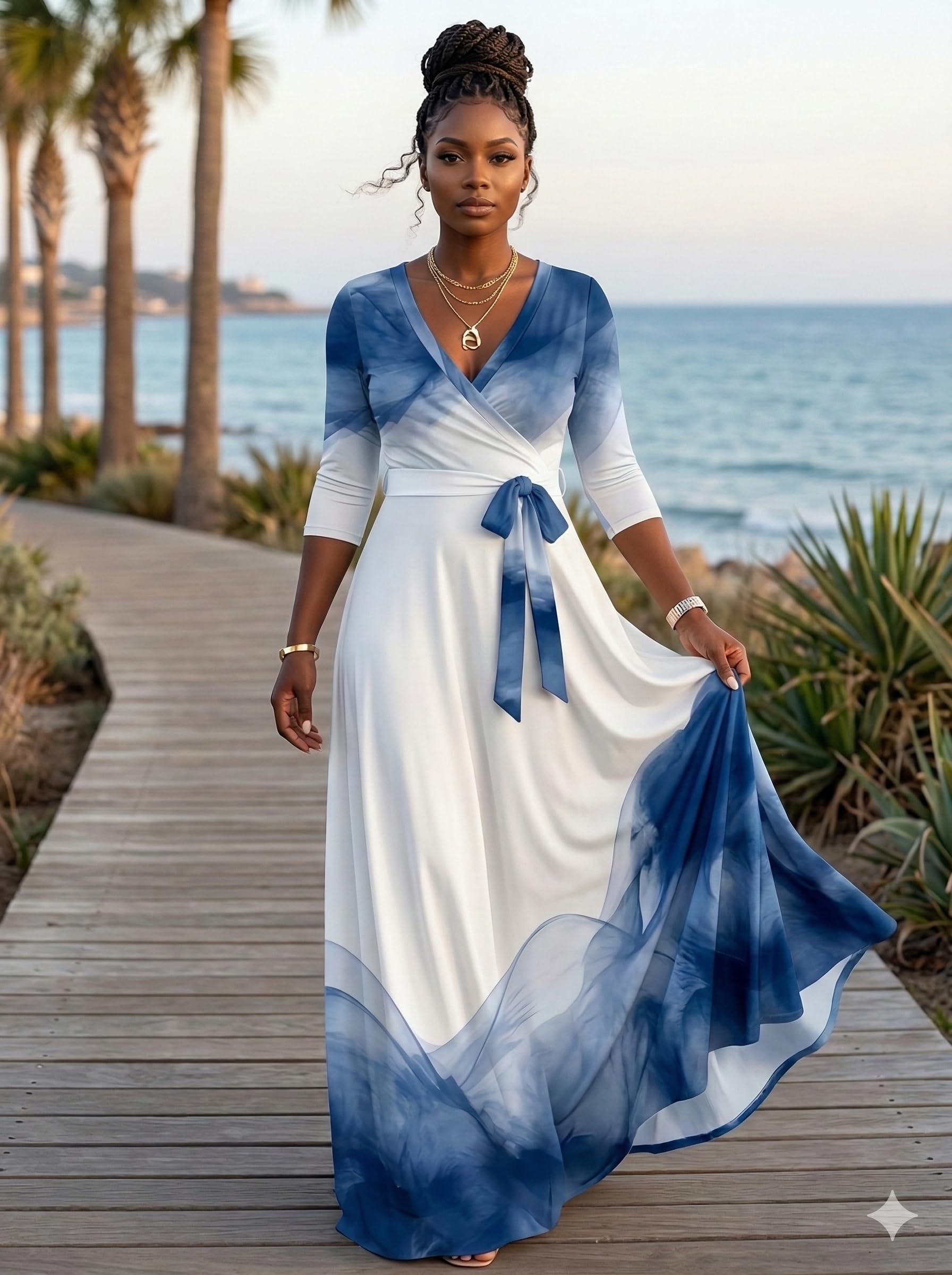 PinkPatty Plus Size Maxi Dress for Women 3/4 Sleeve V Neck Long Dress Casual Party Sundress with Belt (A-Blue White/tie-dye 2XL)