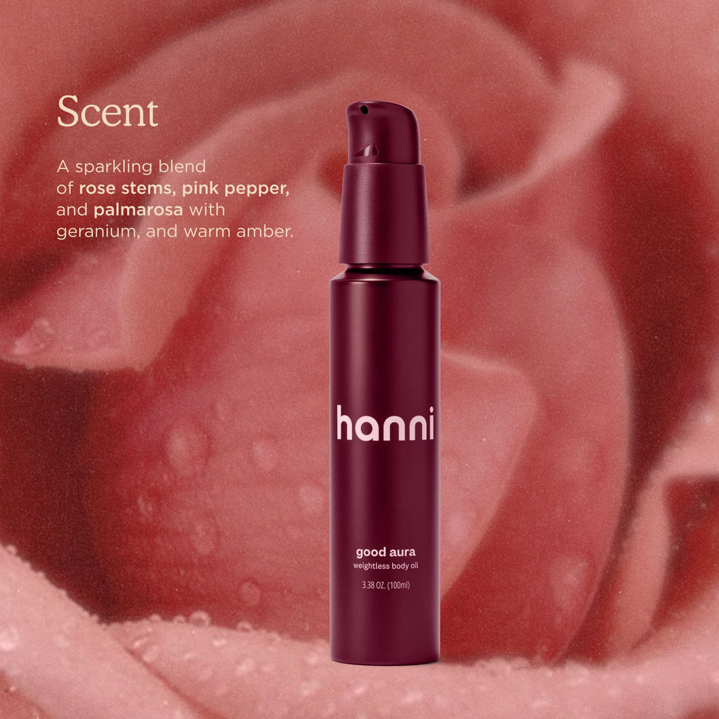 HANNI Good Aura Dry Body Oil, Lightweight After-Shower Moisturizer with Jojoba, Coconut, Baobab, and Buriti Oils, Non-Greasy Skincare for Soft Skin, 100 mL / 3.38 oz