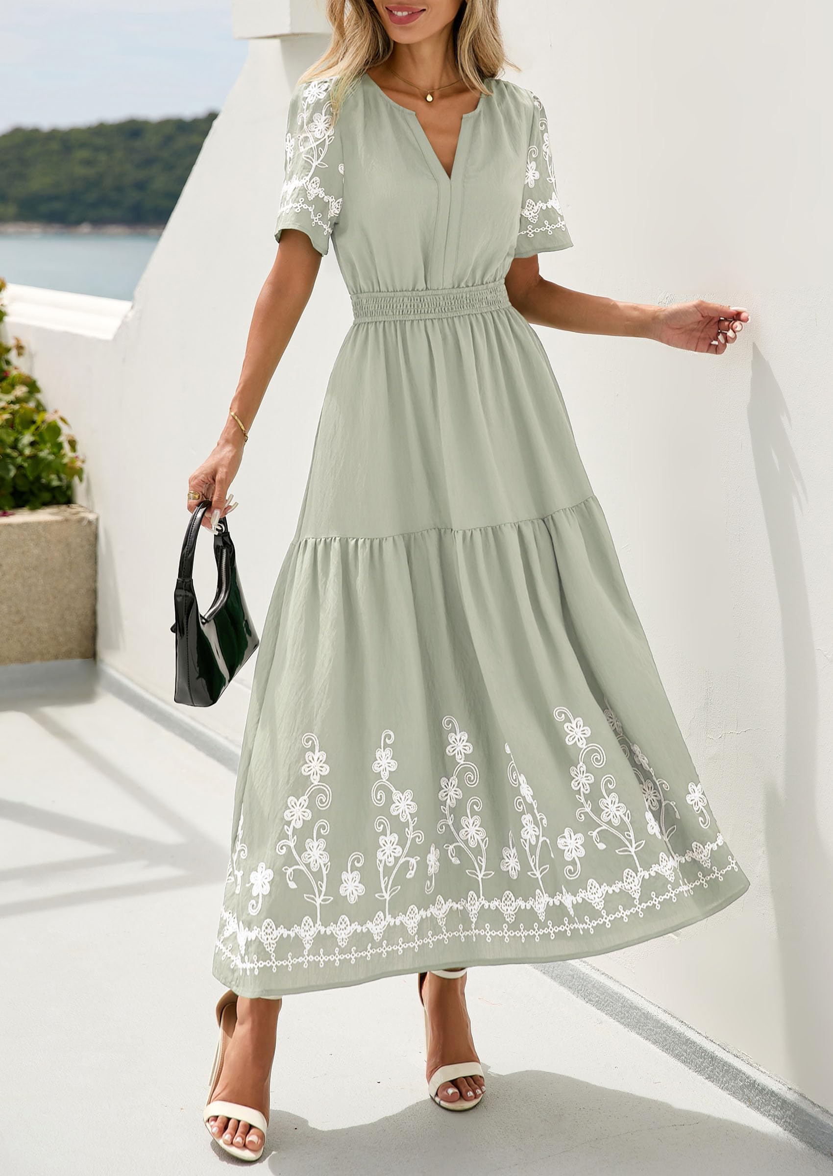 PRETTYGARDEN Women's Summer Boho Maxi Dress 2026 Spring Floral Short Sleeve V Neck A Line Flowy Beach Wedding Guest Dresses (Light Green,XX-Large)