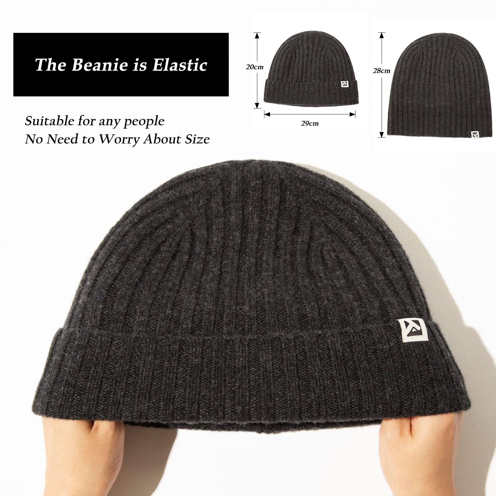 TOP-EX Men's Women's XL XXL Extra Large Big Head Oversize Dark Grey 100% Merino Wool Winter Beanie Fleece Lined Knit Cap Hat Cold Weather Warm