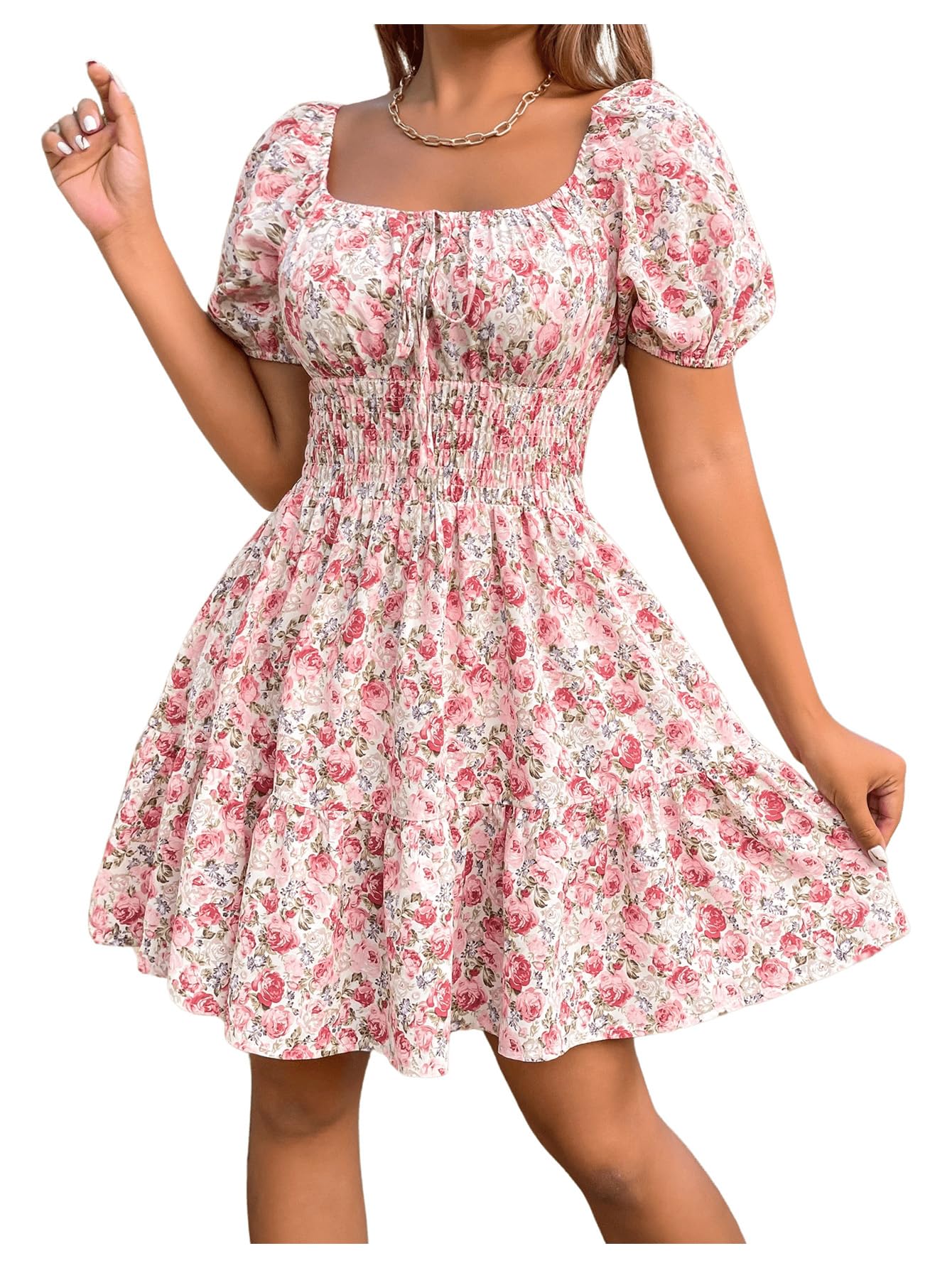Floerns Women's Boho Square Neck Puff Short Sleeve Self Tie Front A Line Dress A Pink L
