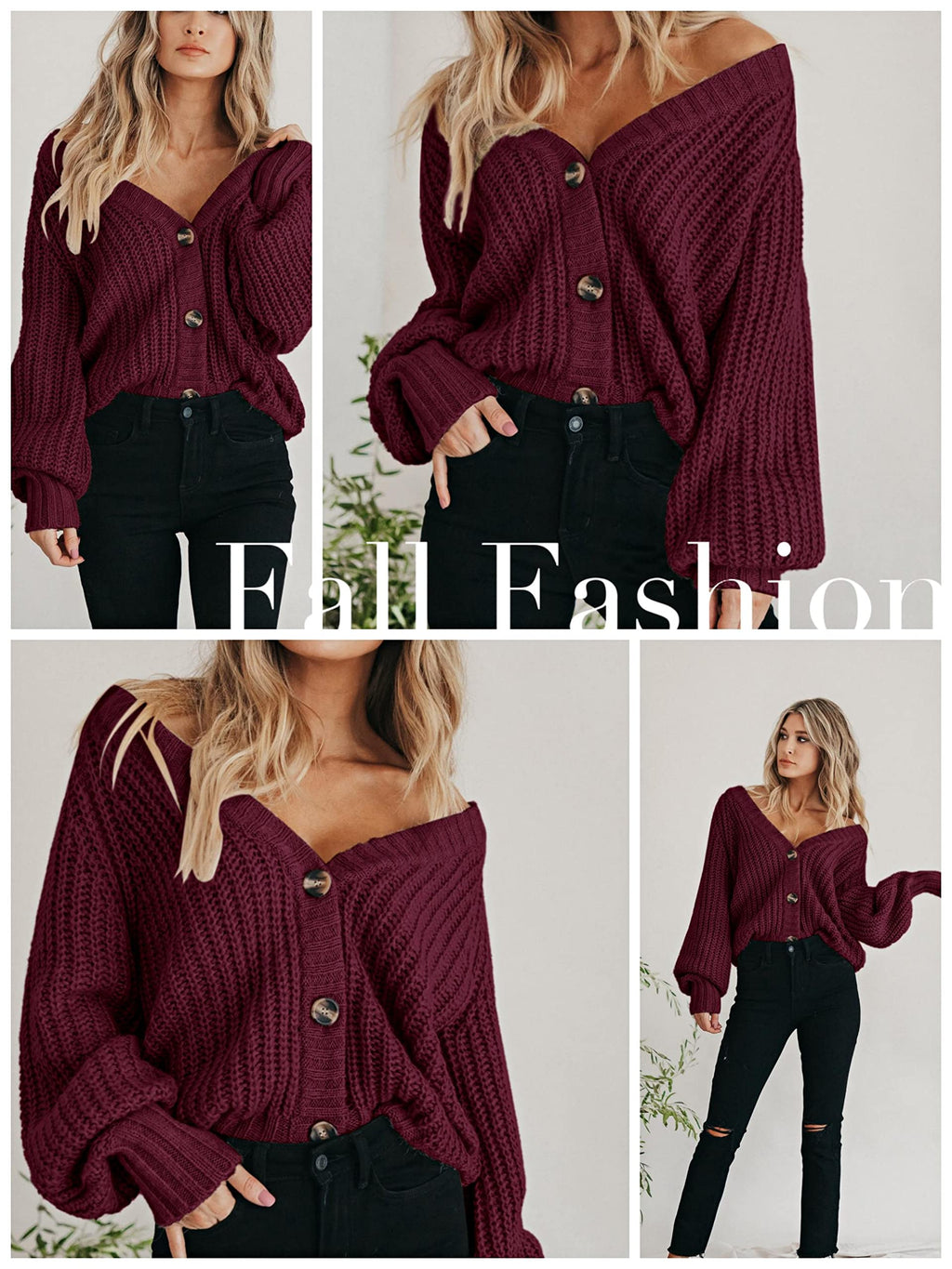 PRETTYGARDEN Women's Long Sleeve Plain Button Down Sweater Classic V-Neck Knit Cardigan Open Loose Outwear Coats (Wine Red,Small)