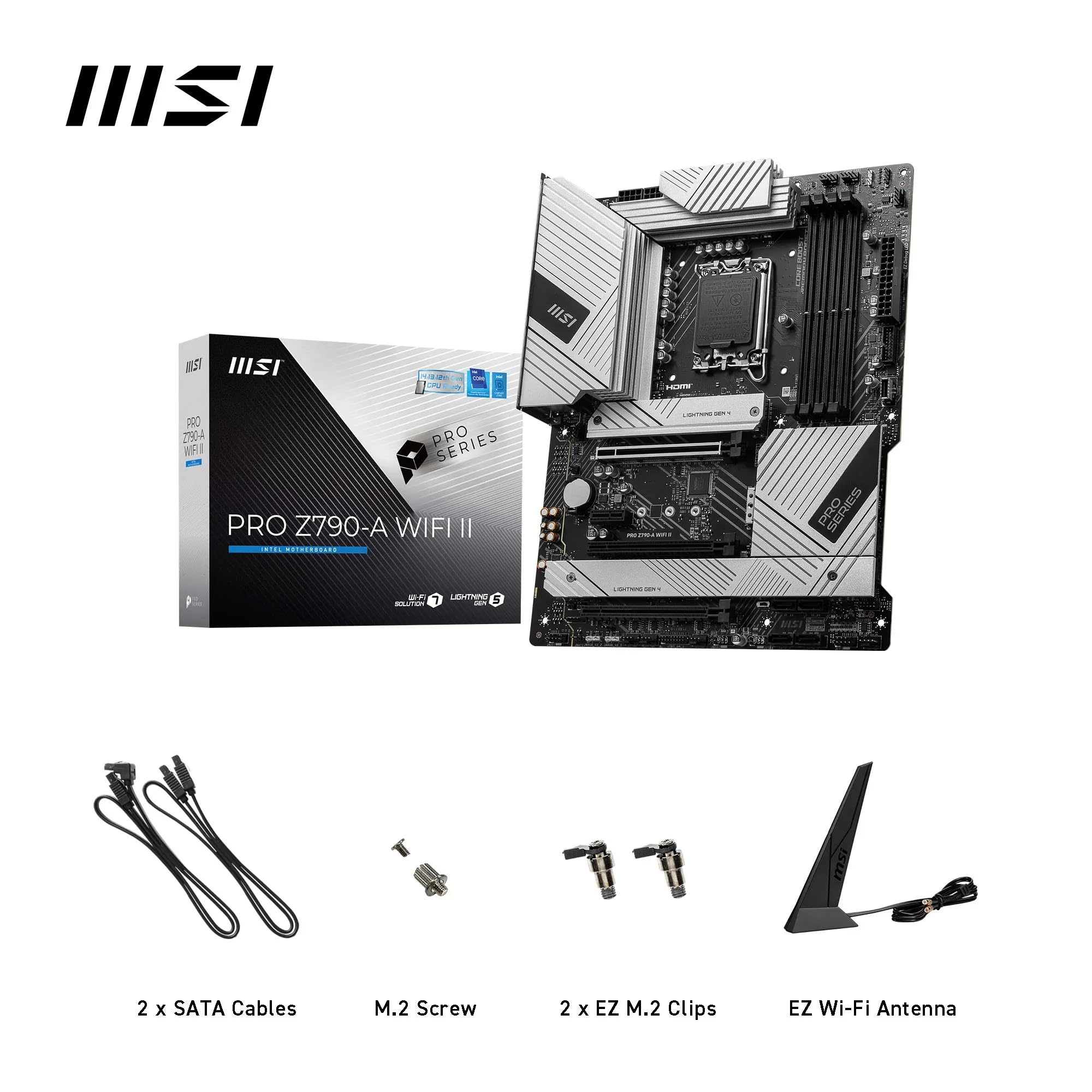 MSI PRO Z790-A WiFi II Motherboard, ATX - Supports Intel Core 14th, 13th & 12th Gen Processors, LGA 1700-80A SPS VRM, DDR5 Memory Boost 7800+MT/s/OC, PCIe 5.0 x16, 4 x M.2 Gen4, Wi-Fi 6E, 2.5G LAN