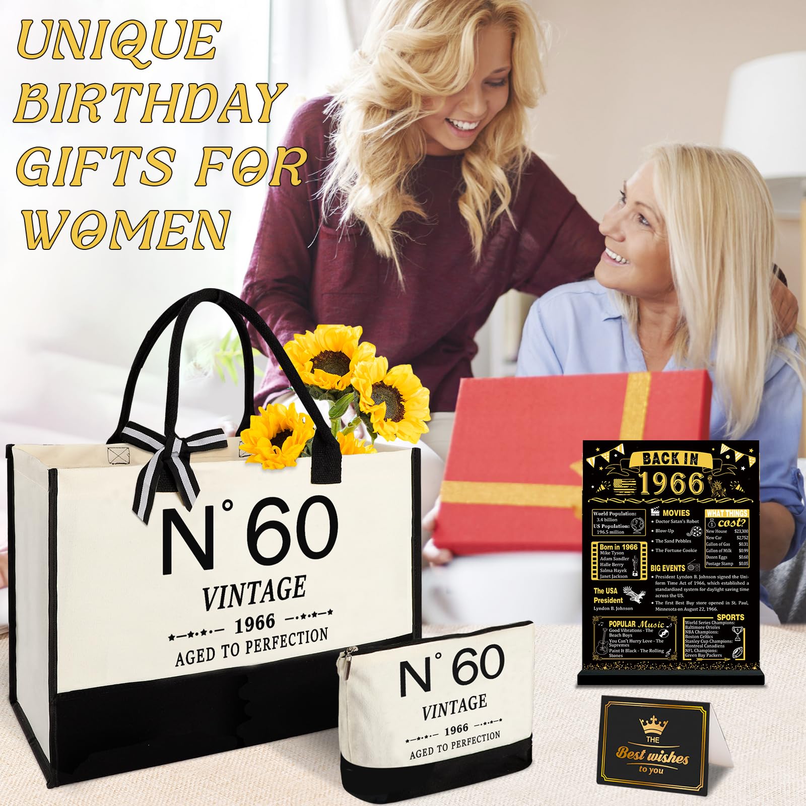 YeohJoy 60th Birthday Gifts for Women Canvas Tote Bag Travel Gear, Unique 60 Years Old Gifts for Wife Mom Sister Aunt Friends Her, Vintage N°60 Handbag & Cosmetic Bag & Back in 1966 Poster