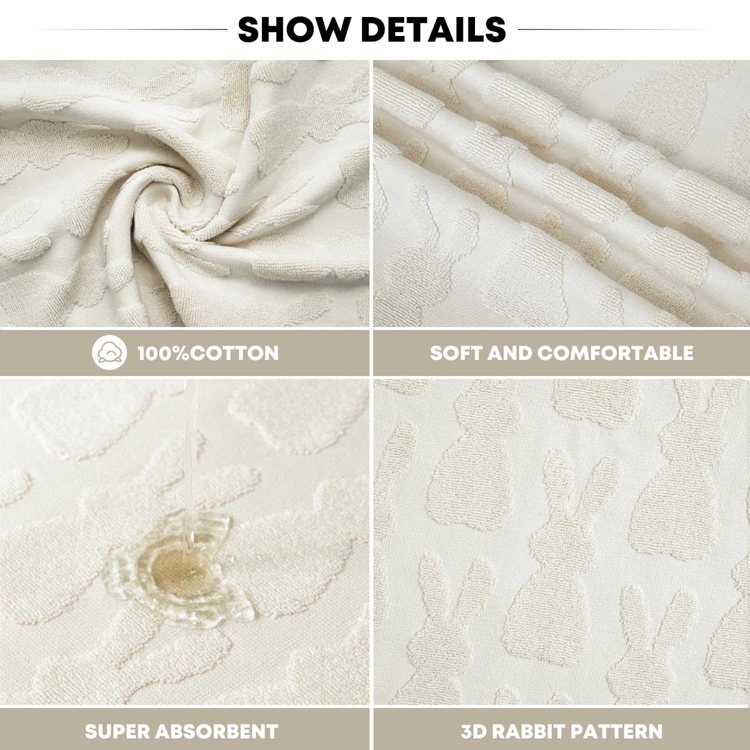 Artoid Mode 1 Pc Beige 3D Rabbit Jacquard Easter Hand Towels for Bathroom, 100% Cotton Soft Absorbent Bathroom Decor Towels, 13.7 x 29.5 Inch
