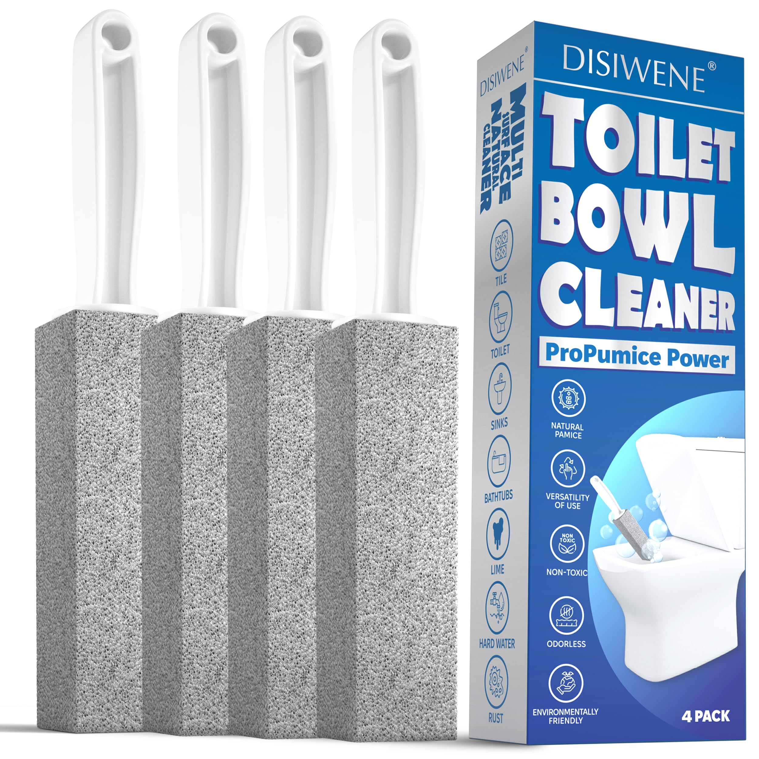 DISIWENE Pumice Cleaning Stone with Handle Toilet Bowl Cleaner Hard Water Ring Remover for Bath/Pool/Kitchen/Household Cleaning (4, 4 Pack with Handle)