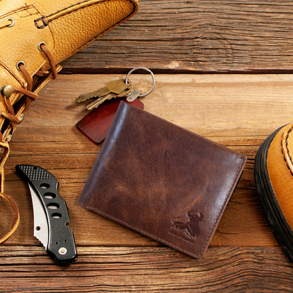 BULL GUARD Mens RFID Blocking Bifold Wallet Soft Genuine Leather Brown Western | Secure and Durable Extra Capacity Billfold with 11 Credit Cards, Flip Up ID