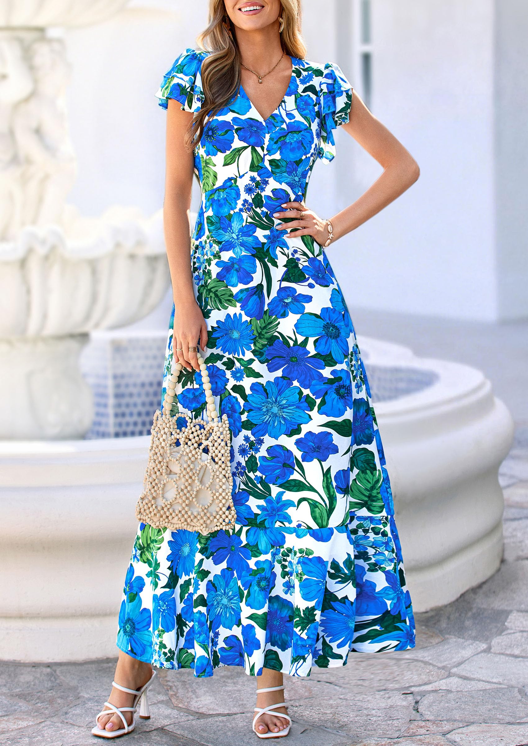PRETTYGARDEN Spring Dresses for Women 2026 Summer Boho Floral Ruffle Short Sleeve Flowy Beach Wedding Guest Maxi Long Dress(Floral Blue,Large)