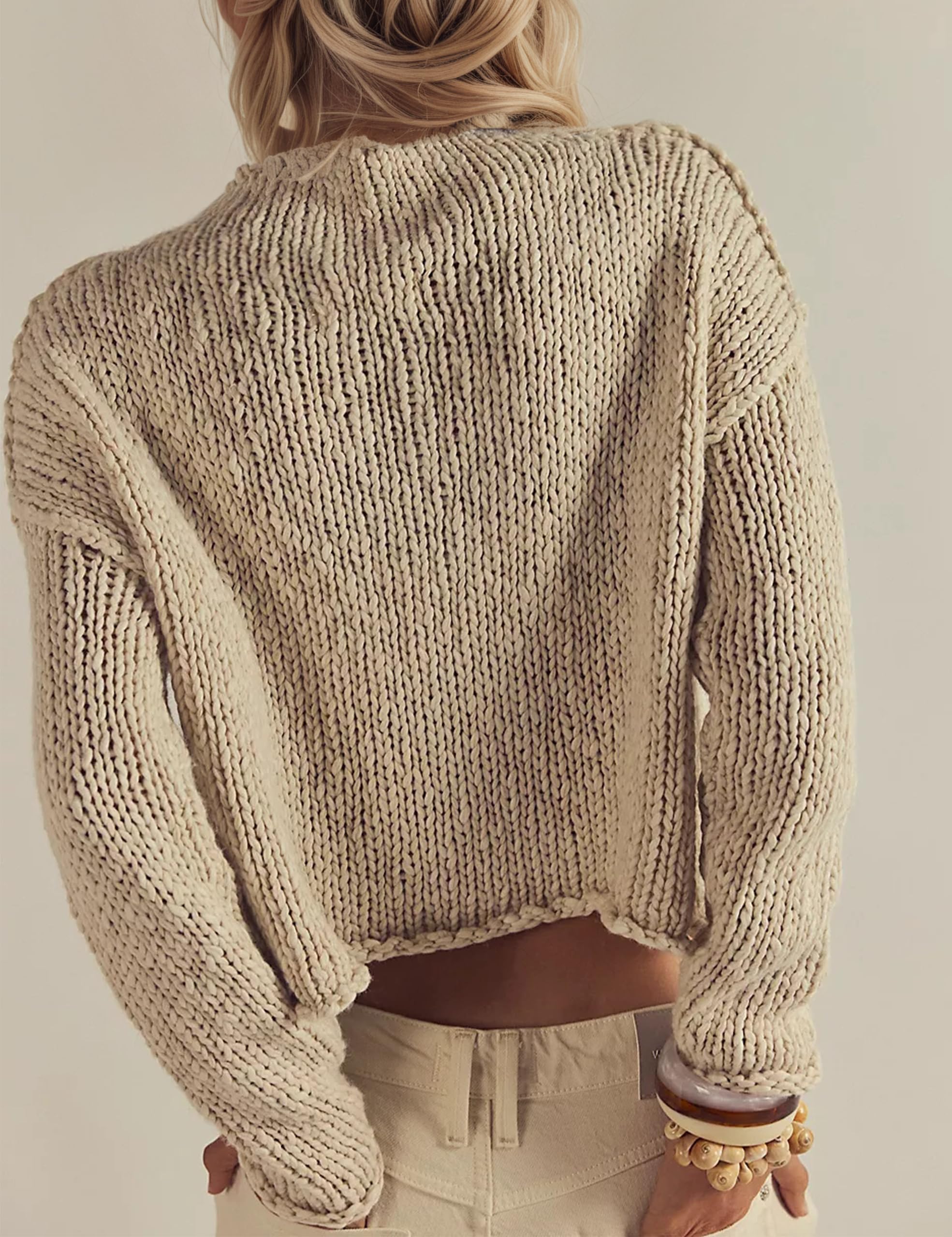 Ceputer Lightweight Crewneck Long Sleeve Cropped Sweater for Women Casual Loose Solid Fall Short Knit Pullover Sweaters Beige