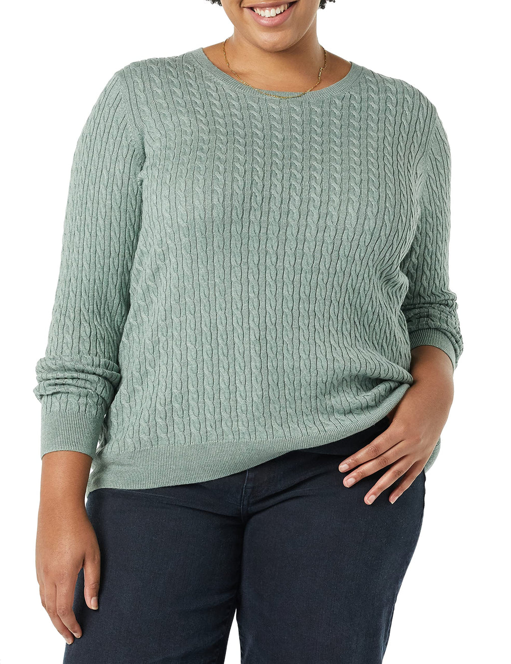 Amazon Essentials Women's Lightweight Long-Sleeve Cable Crewneck Sweater (Available in Plus Size), Sage Green Heather, Large