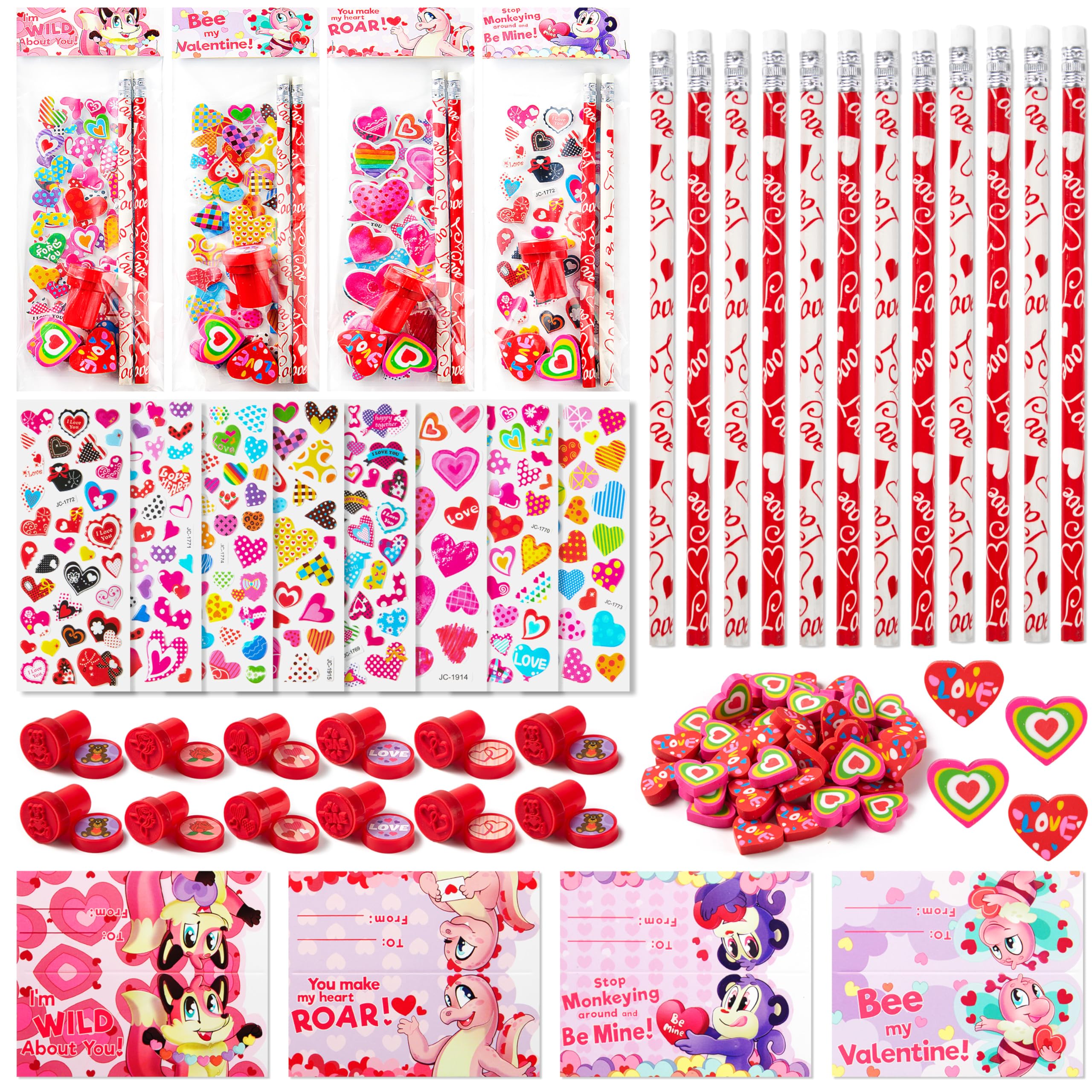 JOYIN 36 Packs Valentine Stationery Kids Gift Set, Classroom Exchange Party Favor for Holiday Reward Prizes - Includes Pencils, Erasers, Stamper, Stickers