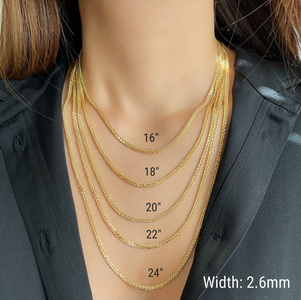 JEWELHEART 14K Gold Square Wheat Chain Necklace - 2.6mm Braided 14K Yellow Gold Chain For Men Foxtail Gold Chain Diamond Cut Real Gold Necklaces For Women with Lobster Clasp 24"