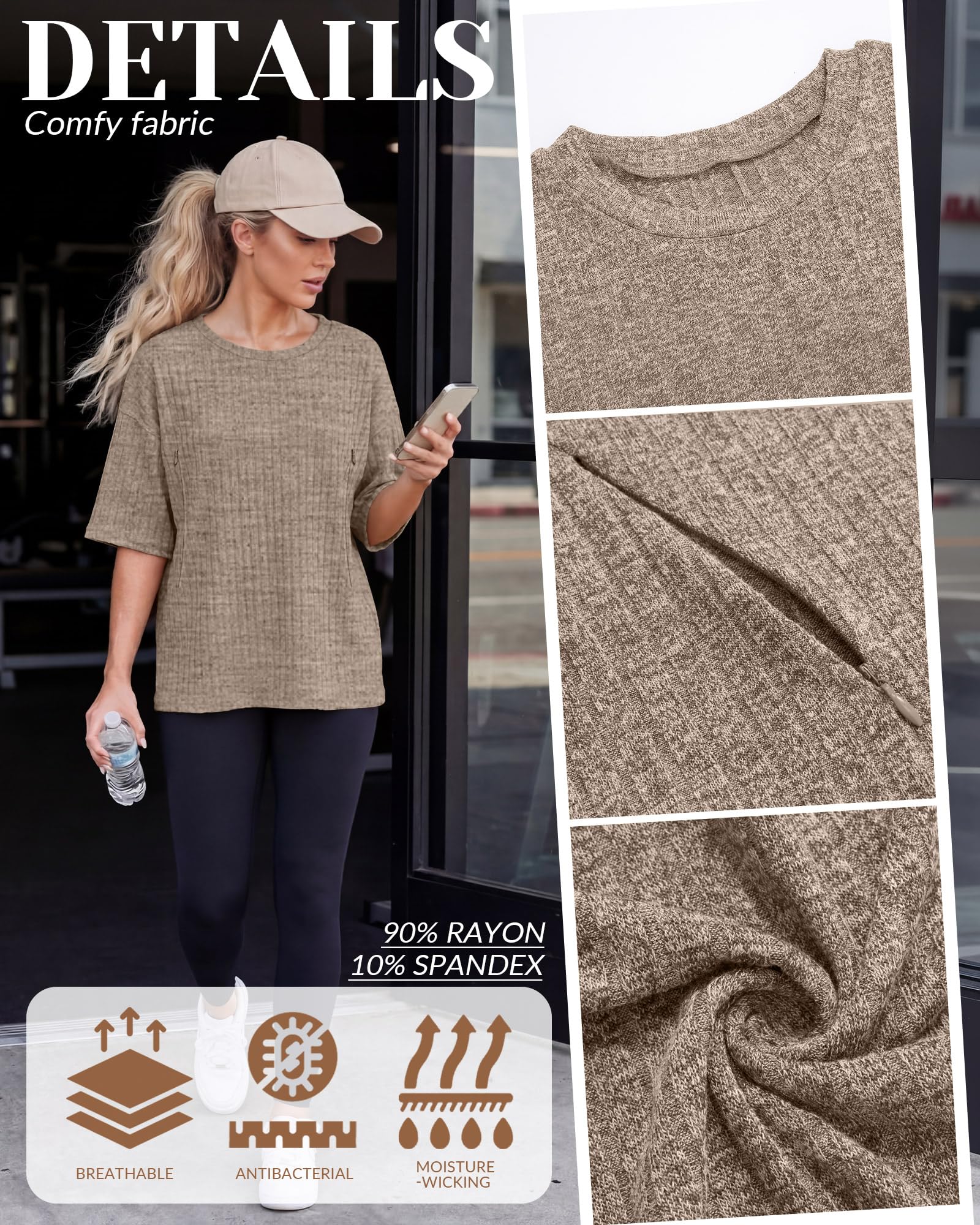 Huukeay 4 Pack Women's Nursing Shirts for Breastfeeding Oversized Short Sleeve with Hidden Zipper Maternity Ribbed Sweaters(XX-Large,Cream, Khaki, Light Coffee, Black)