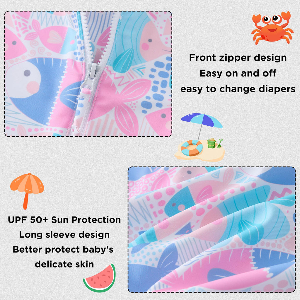 UMELOK Toddler Girls One Piece Swimsuit Long Sleeve Bathing Suit UPF 50+ Sun Protection Rash Guard Swimwear with Zipper Cute Fish,4T