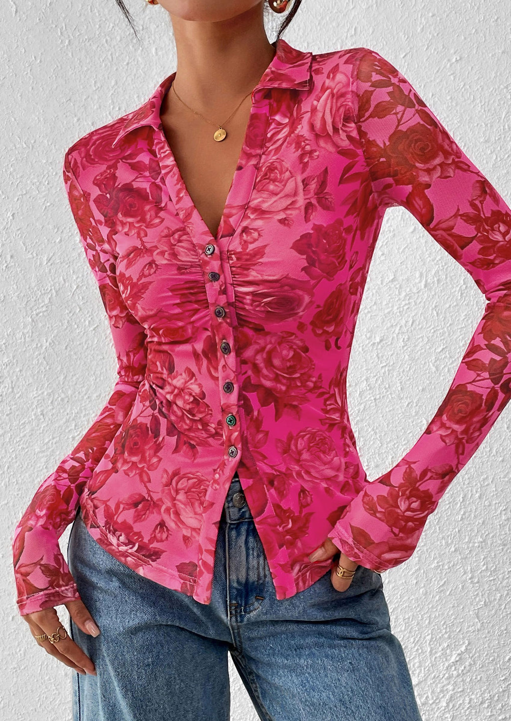 PRETTYGARDEN Women Button Down Floral Shirts 2026 Fall Trendy Long Sleeve V Neck Mesh Boho Blouse Spring Tops Date Outfits (Pink Red Floral,Large)