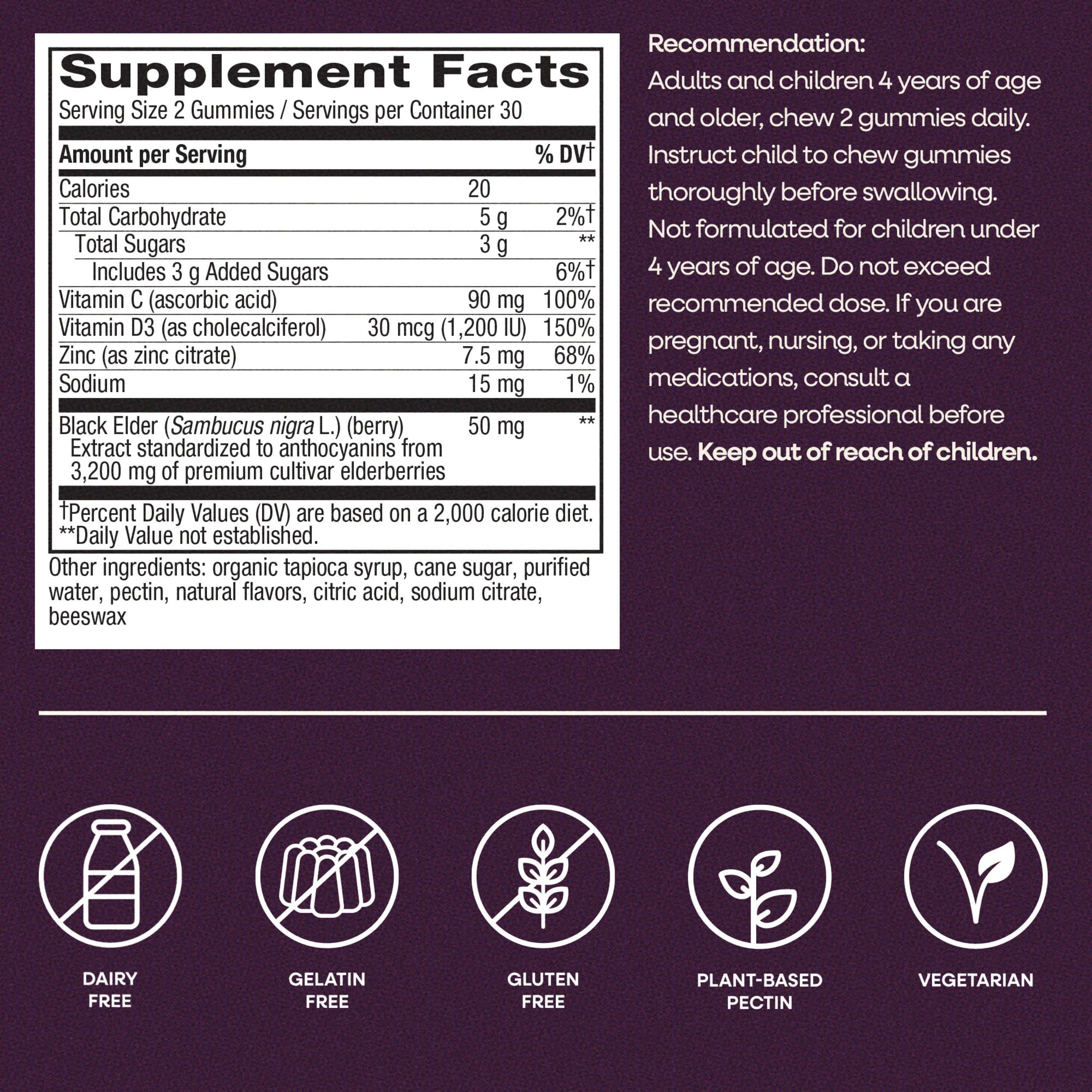Nature’s Way Sambucus Elderberry Gummies, Immune Support Gummy for Adults & Kids Ages 4+ with Black Elderberry Extract, Vitamin C, Vitamin D3, and Zinc*, 60 Gummies