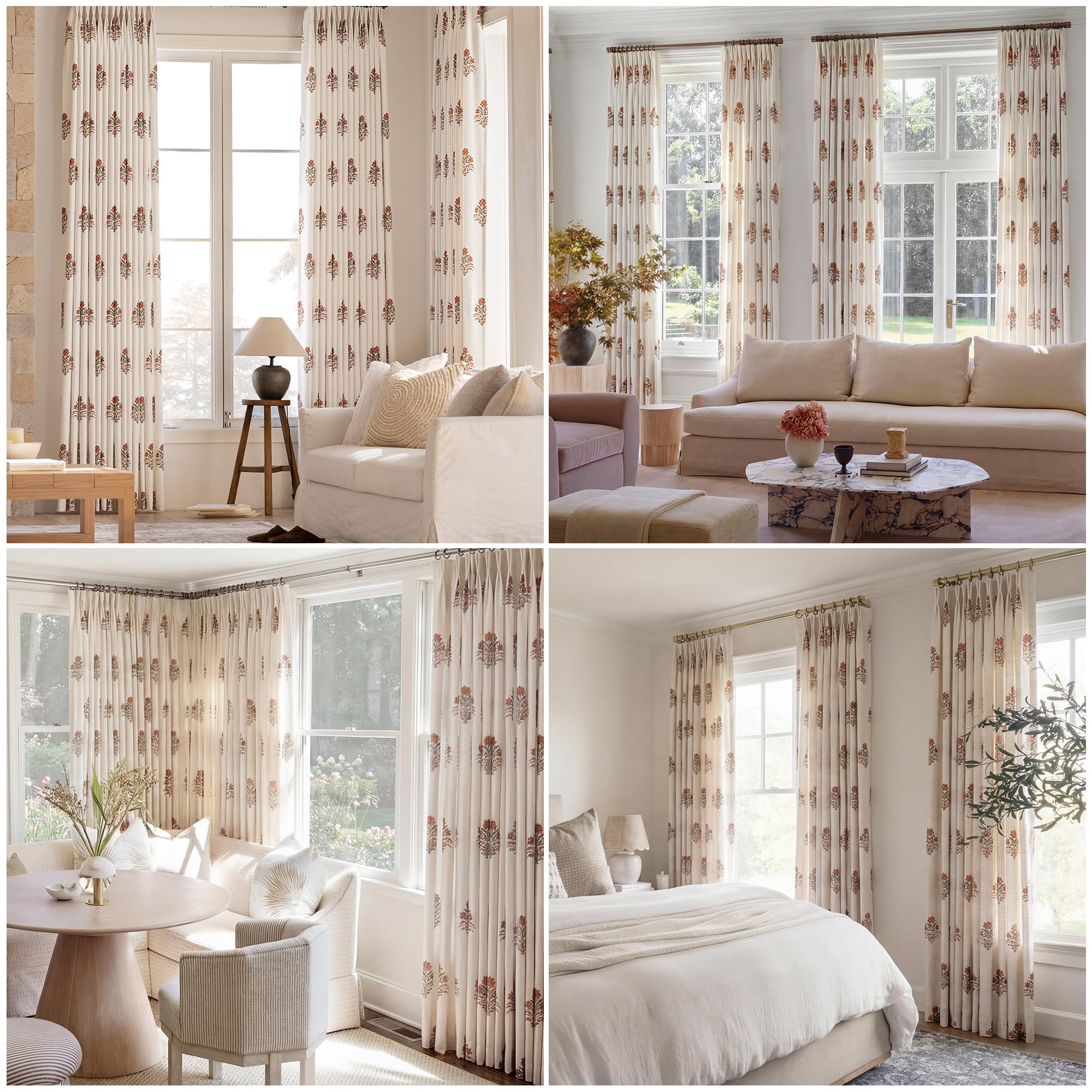 THREE GIRLS Pinch Pleated Curtains Light Filtering Red Floral Curtains for Living Room Bedroom Dining Room 84 Inches Luxury Linen Drapes Farmhouse Window Curtains with Hooks - 2 Panels Set, 40" x 84"