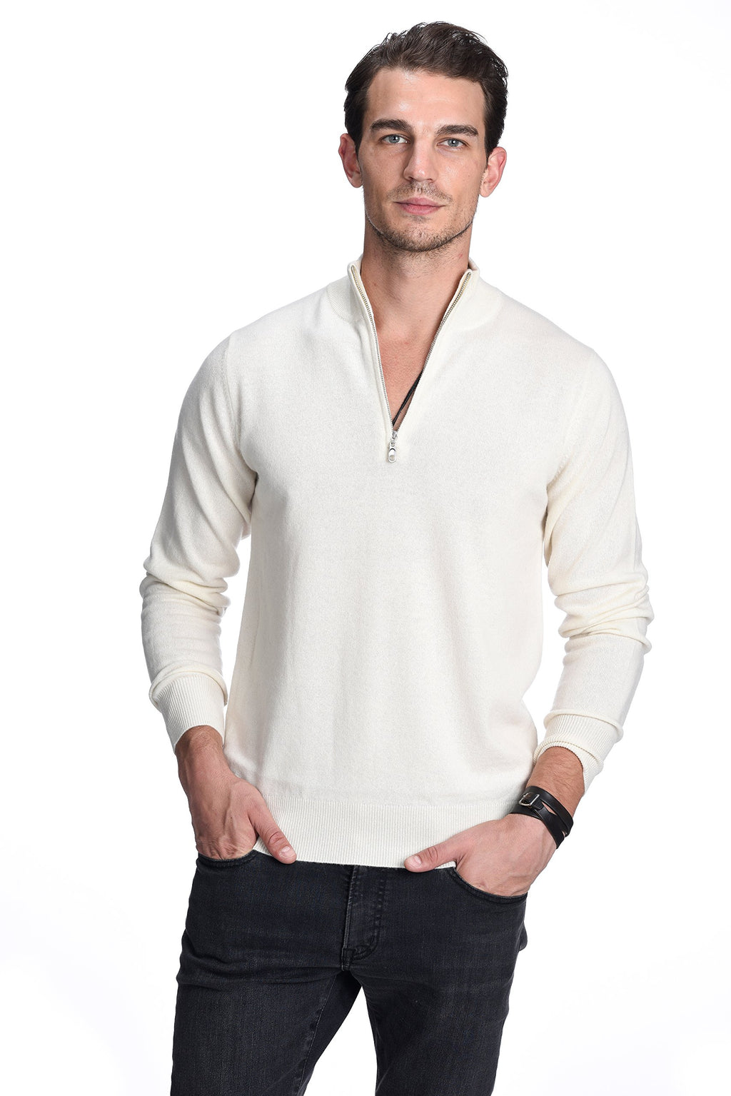 State Cashmere Men's Half Zip Mock Neck Sweater 100% Pure Cashmere Polo Neck Pullover (Undyed White, Medium)