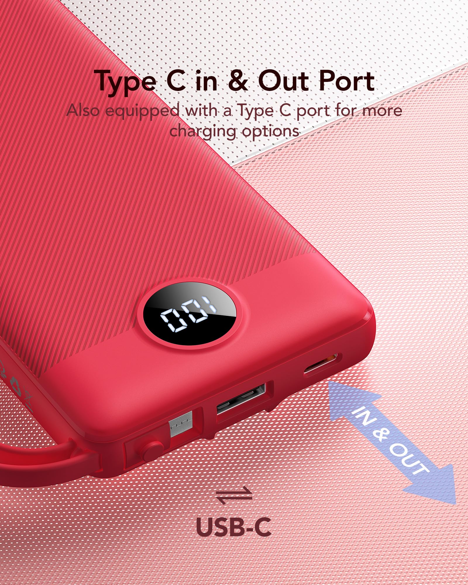 VRURC Portable Charger, 10000mAh Power Bank Built in Cables for iPhone, Slim Compact Travel Essential, 5 Outputs 2 Inputs USB C Battery Pack for iPhone 17 16 15 14 13, Samsung, Android etc-Magenta