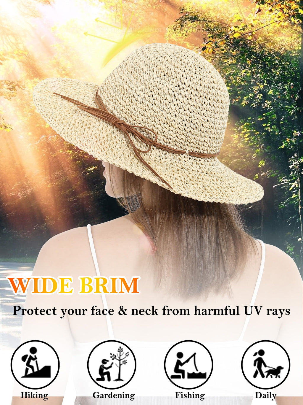 LA CARRIE Women Sun Hats Floppy Foldable Wide Brim UV UPF 50+ Straw Hat with Bow for Summer Beach(Beige)