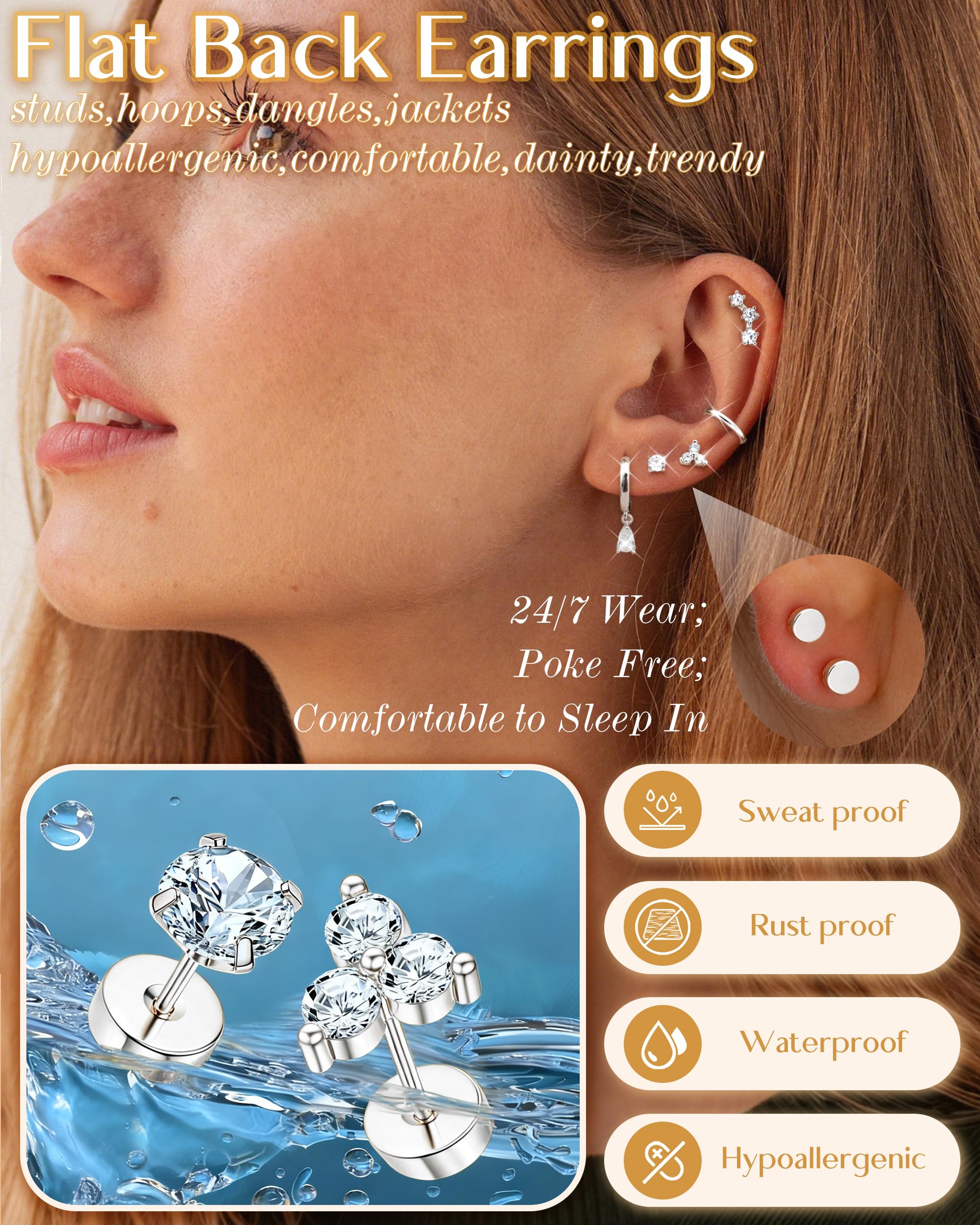 MILACOLATO Hypoallergenic Flatback Stud Earrings for Women, 14K Gold Plated & 20G Surgical Stainless Steel Cartilage Earring Stacks Sets for Multiple Piercing, Trendy Small Hoop Earrings, Silver