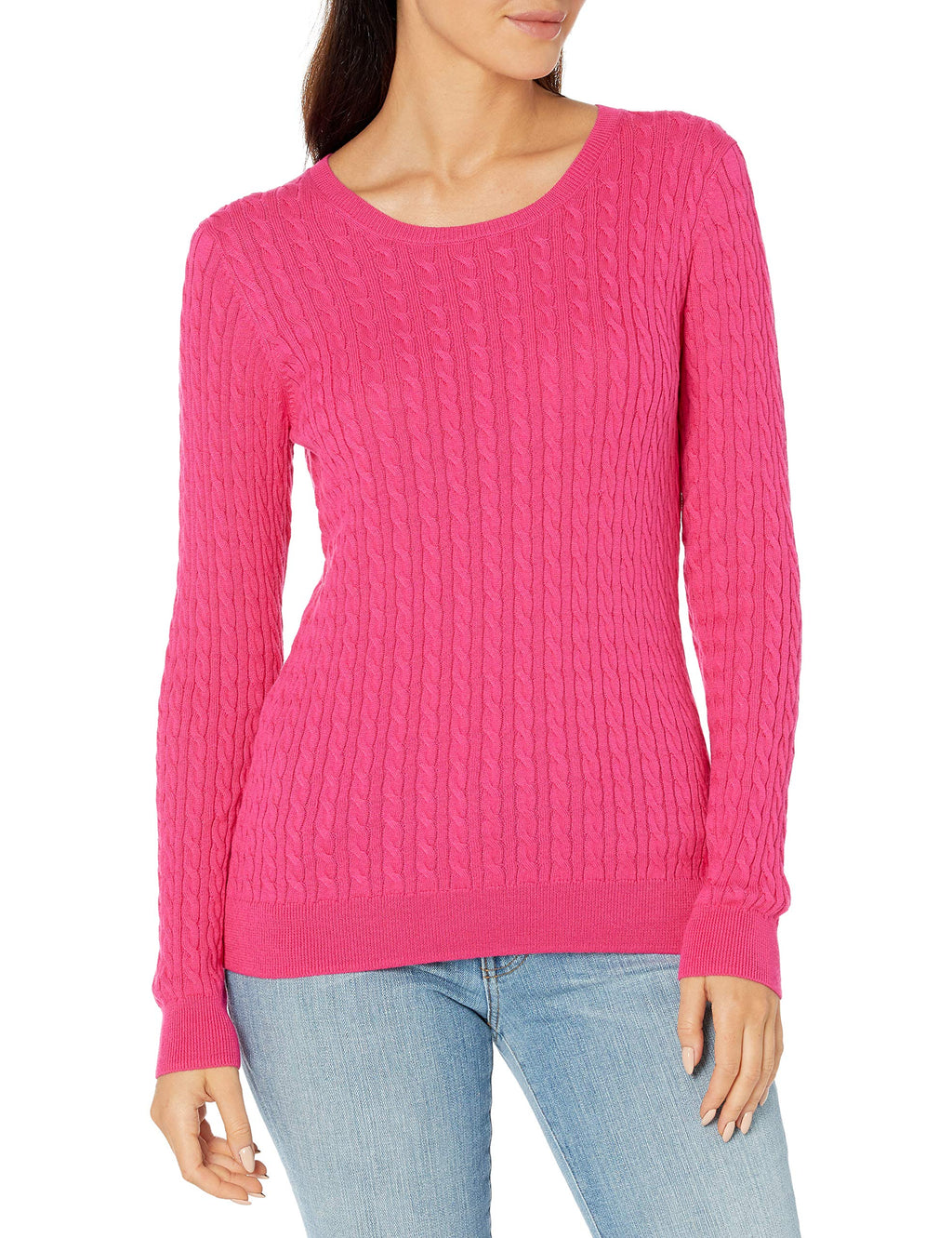 Amazon Essentials WoMen's Lightweight Cable Crewneck Sweater, Bright Pink, Large