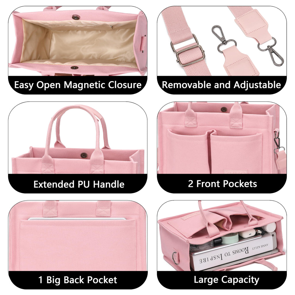 ZHMO Canvas Tote Bag for Women With Compartments and Pockets,Pink Women's Bags Crossbody Bags Work Laptop Tote Bag Large Satchels Handbag Tote Purse Everyday Shoulder Bag for Travel Nurse Teacher Gift